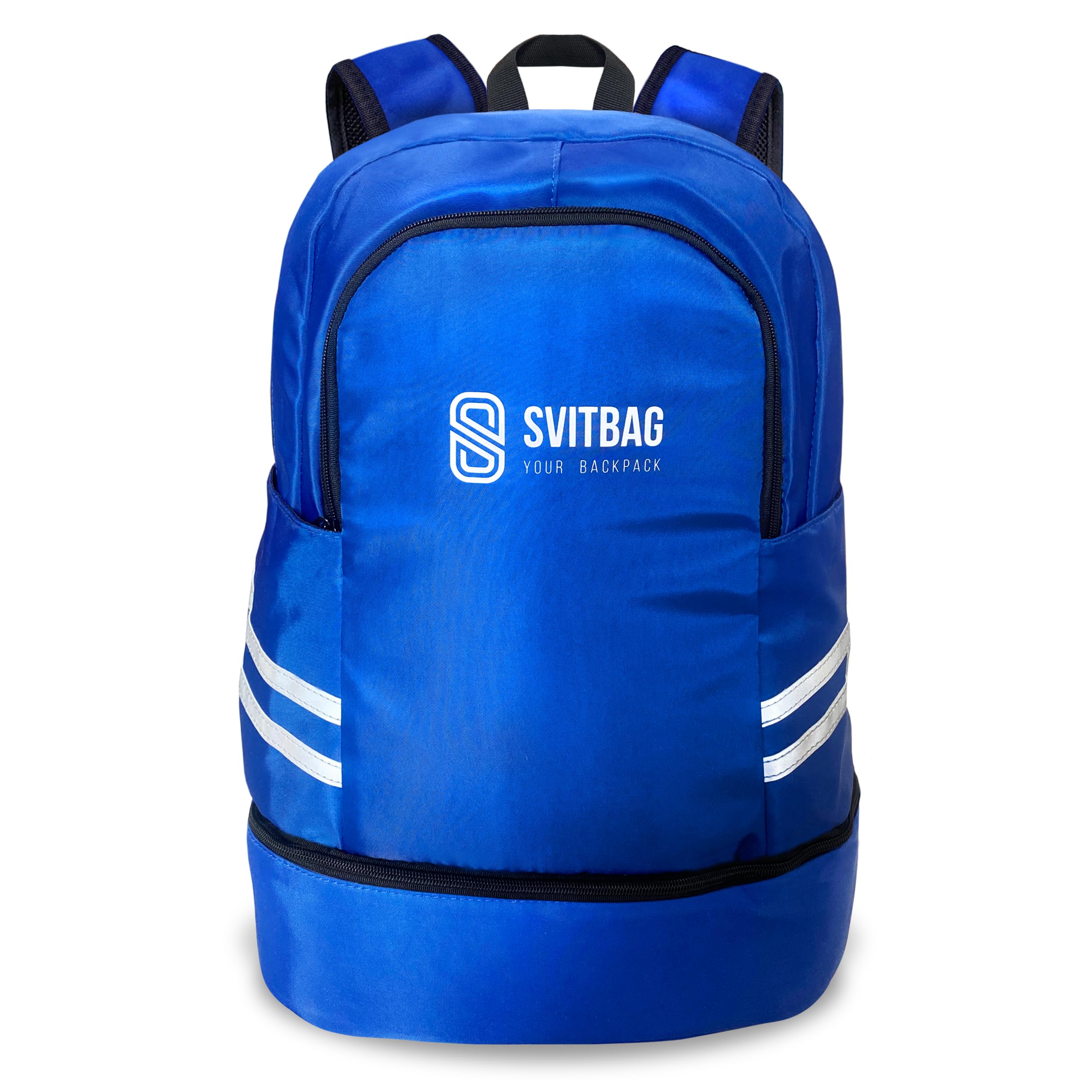 Blue Large Waterproof Sports Backpack 35.5L - Durable Polyester Fabric with Reflective Side Stripes, Multiple Compartments & Laptop/Phone Pockets - Perfect for Gym, Hiking, Travel & Outdoor Activities