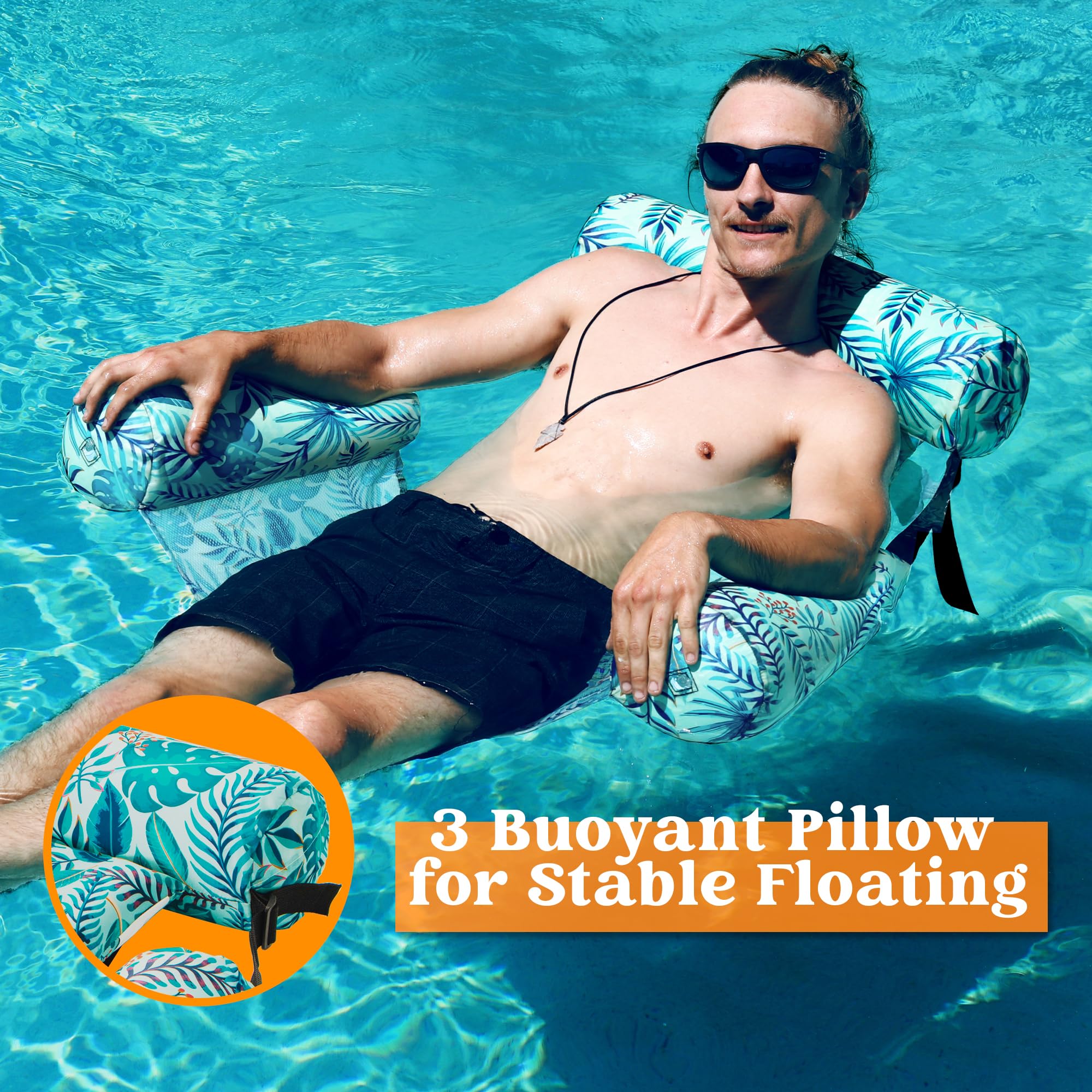 Adult Inflatable Pool Lounge Chair - Plant Pattern Floating Mat Hammock, Blow Up Water Chair with Noodles Raft for Summer Pool Party, Beach Vacation & Backyard Relaxation