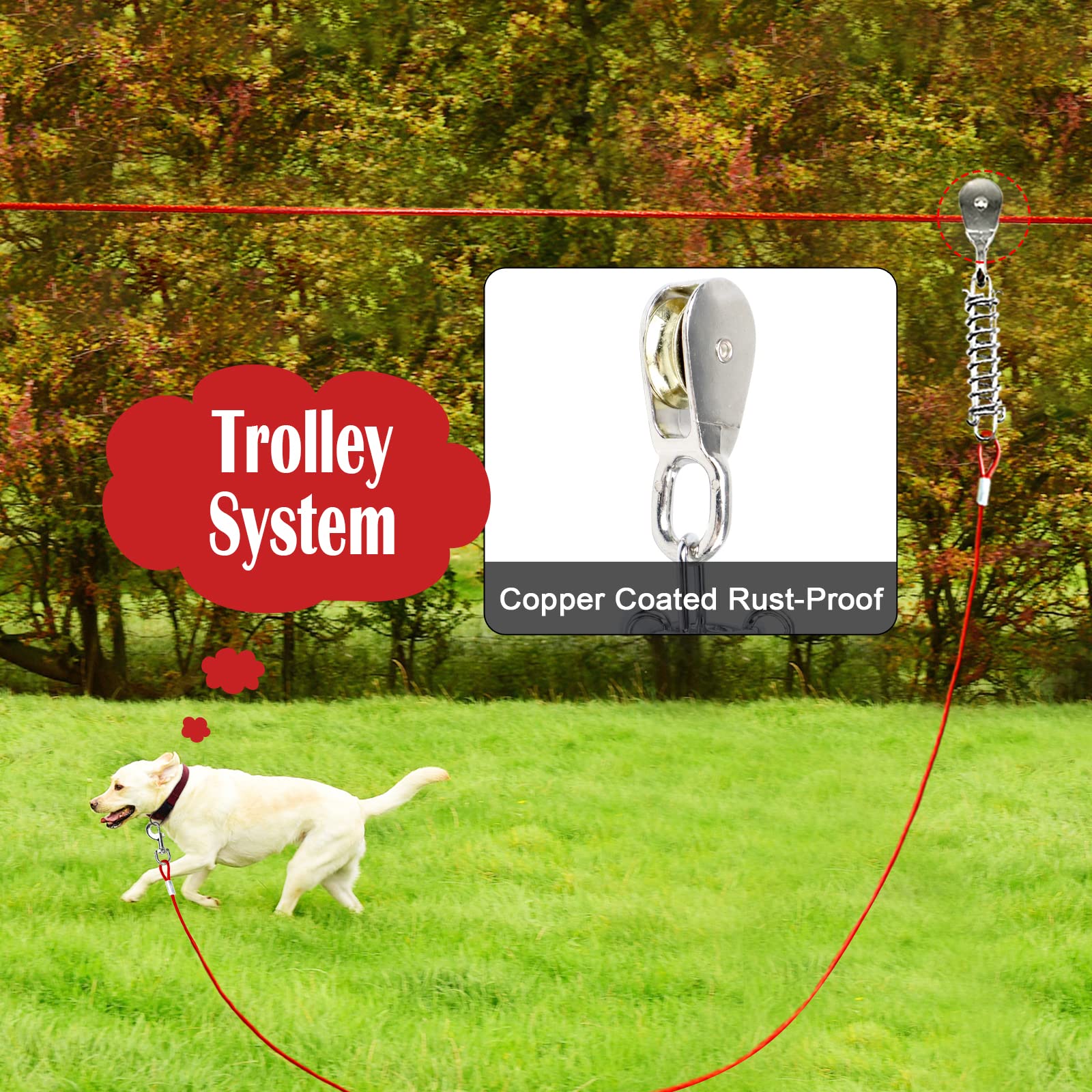Heavy Duty 100FT Dog Run for Large Dogs Up to 250LBS - 15FT Tie Out Cable with Trolley Zipline System - Perfect for Backyard, Yard & Outdoor Dog Exercise & Playtime