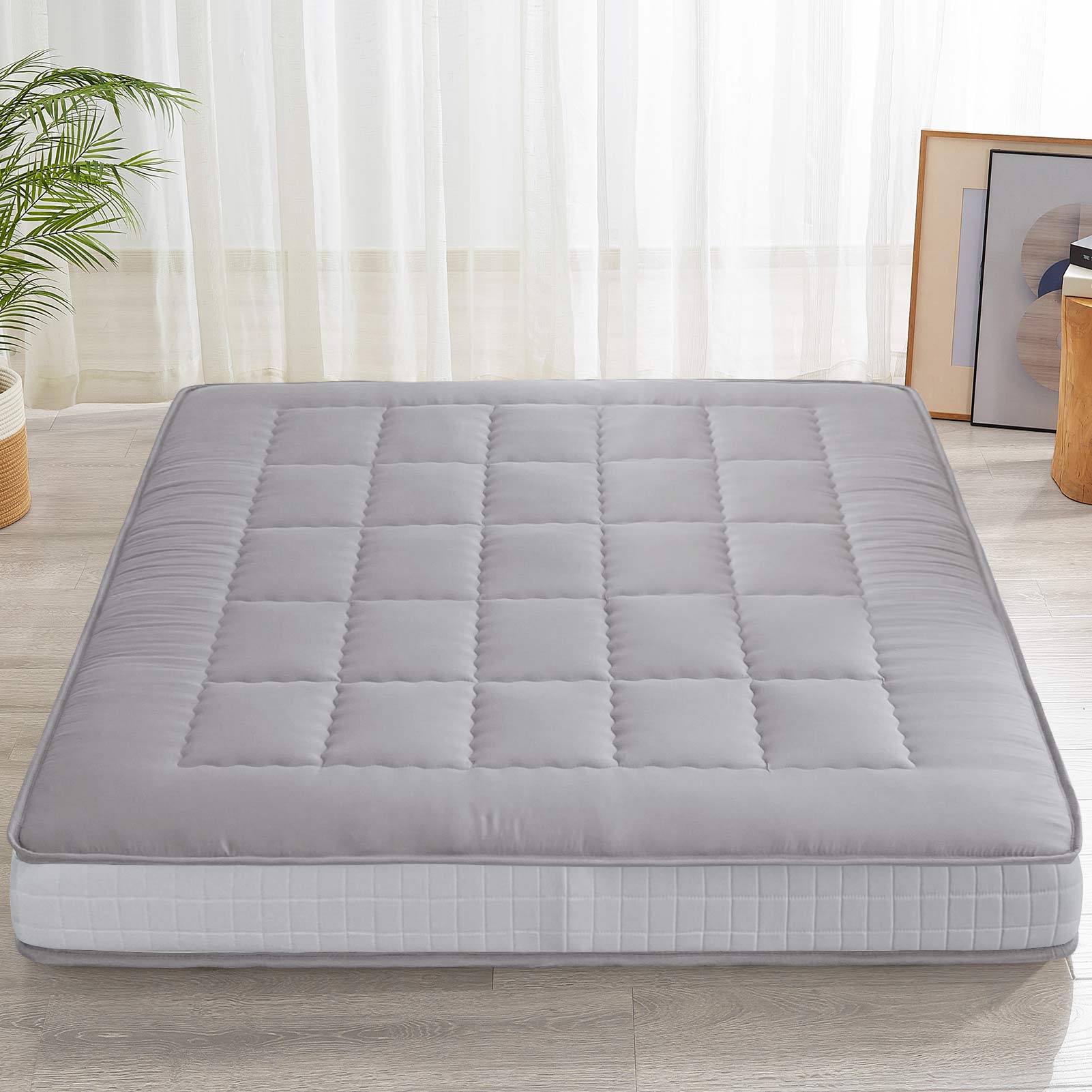 MAXYOYO 6-Inch Extra Thick Japanese Futon Mattress - Queen Size Floor Bed with Rectangle Quilted Design, Comfortable & Stylish for Home, Guest Room or Small Space - Grey