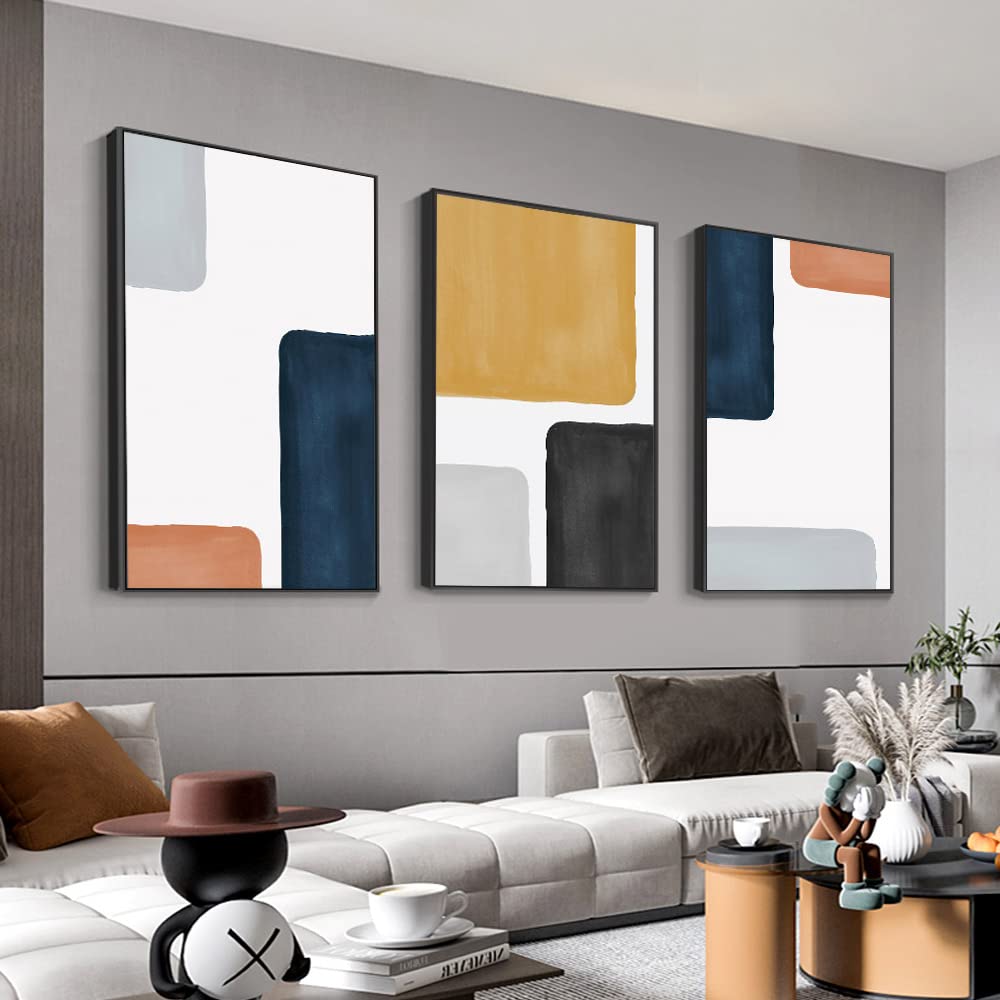 Modern Abstract Canvas Wall Art Set - 3 Piece Framed Boho Style Prints for Living Room, Bathroom, Kitchen & Office Decor (Black, 24