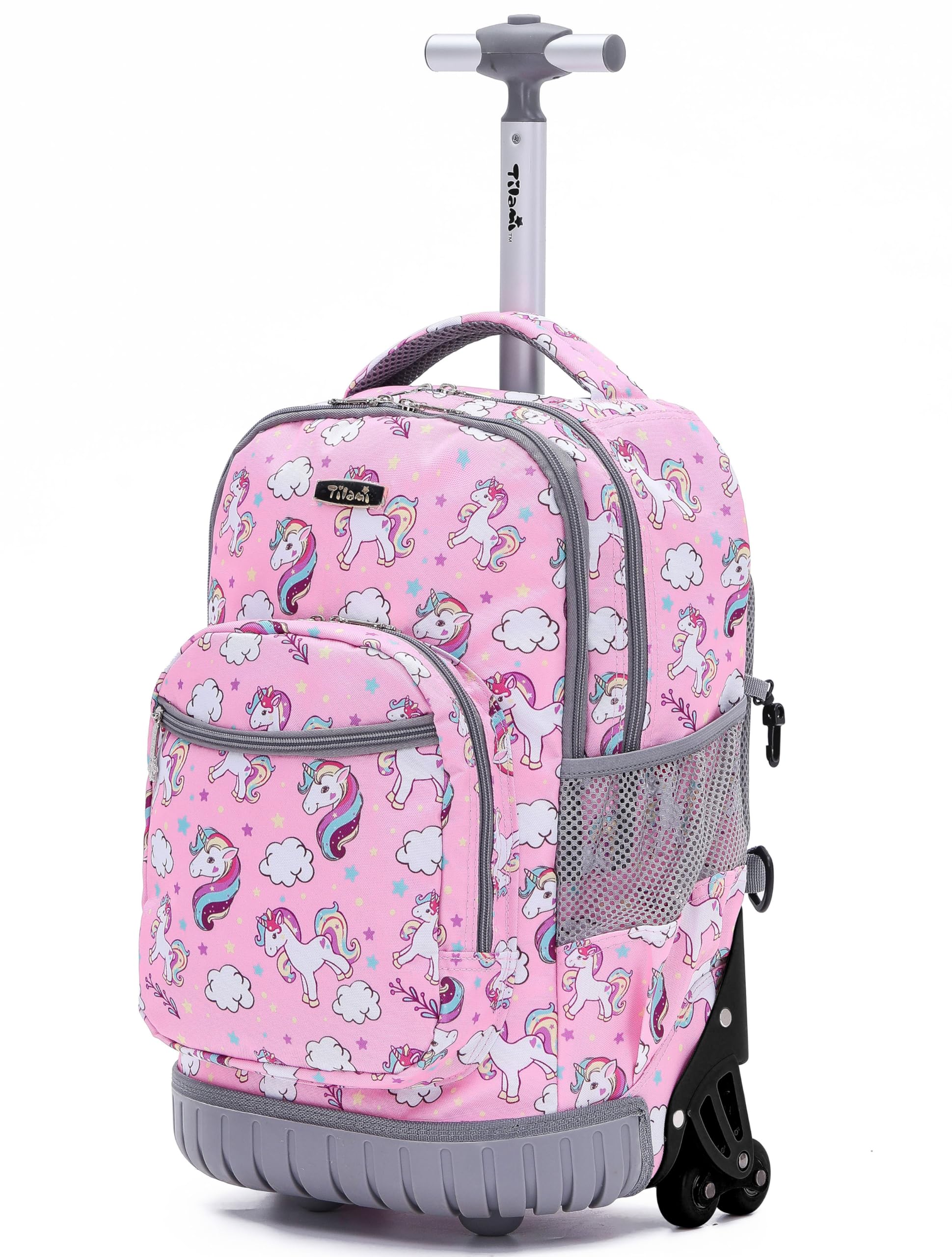 TILAMI Unicorn Rolling Backpack for Kids - 18 Inch Adjustable Wheeled Laptop Backpack for Girls & Boys, School Travel Backpack with Wheels, Perfect for School, Travel, Camping & Daily Use