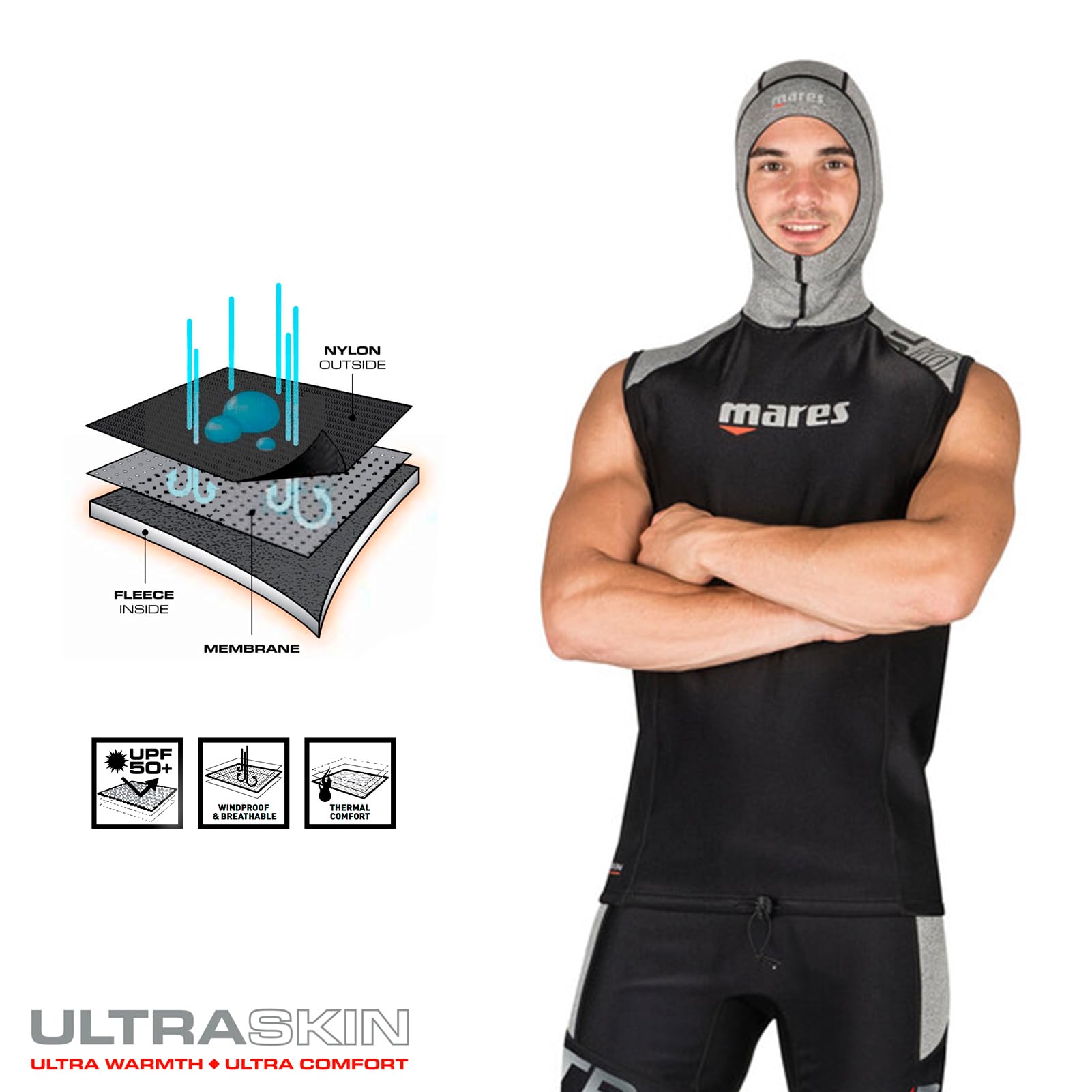 Mares Men's Ultra Skin Sleeveless Hooded Wetsuit Top - UPF 50+ Thermal Protection for Scuba Diving, Snorkeling & Water Sports - Perfect Under Dry Suits & Wetsuits