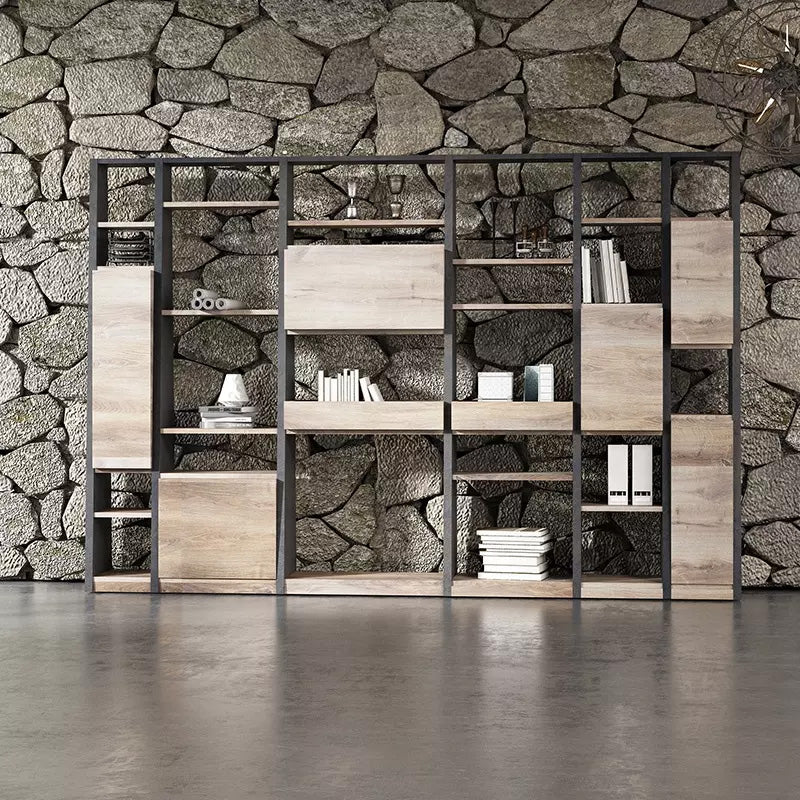 BARON Display Unit 230cm Warm Oak & Black - Modern Bookshelf & Storage Cabinet for Living Room, Bedroom, Office - Free Standing Shelf Organizer