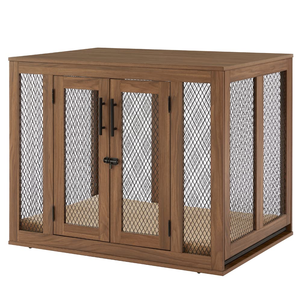 Unipaws Modern Wooden Dog Crate with Tray - Large Indoor Pet Kennel House Cage with Door, Aesthetic Walnut End Table & Nightstand for Living Room, Bedroom Decor | Perfect for Home, Office & Apartment Use