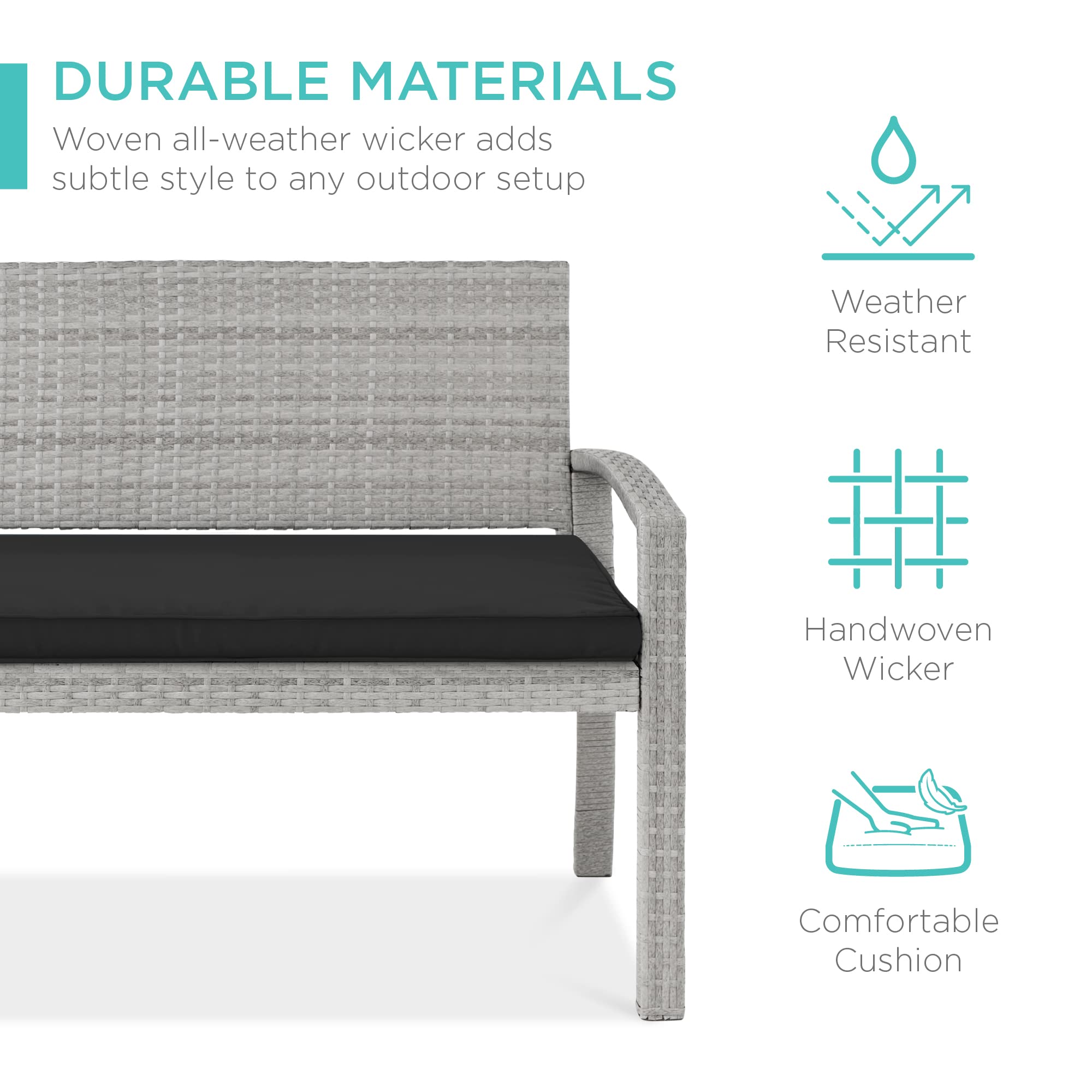 Best Choice Products 2-Person Outdoor Wicker Bench with Cushion - 700lb Capacity Patio Seating for Garden, Backyard, Porch - Gray/Black (Perfect for Relaxing, Entertaining Guests & Outdoor Dining)