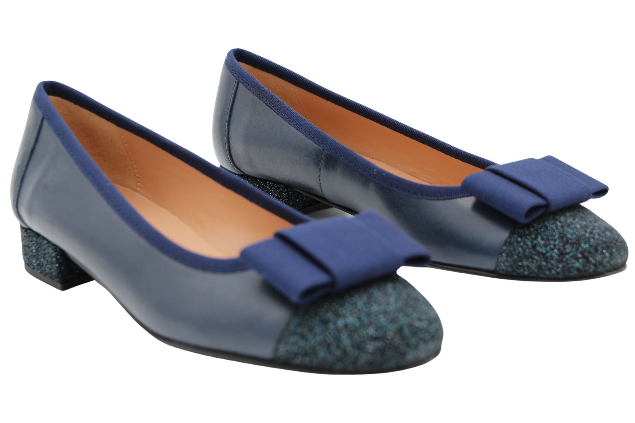 Fabucci Women's Navy Blue Leather Ballet Flats with Bow - Comfortable & Stylish Shoes for Work, Travel & Casual Outfits