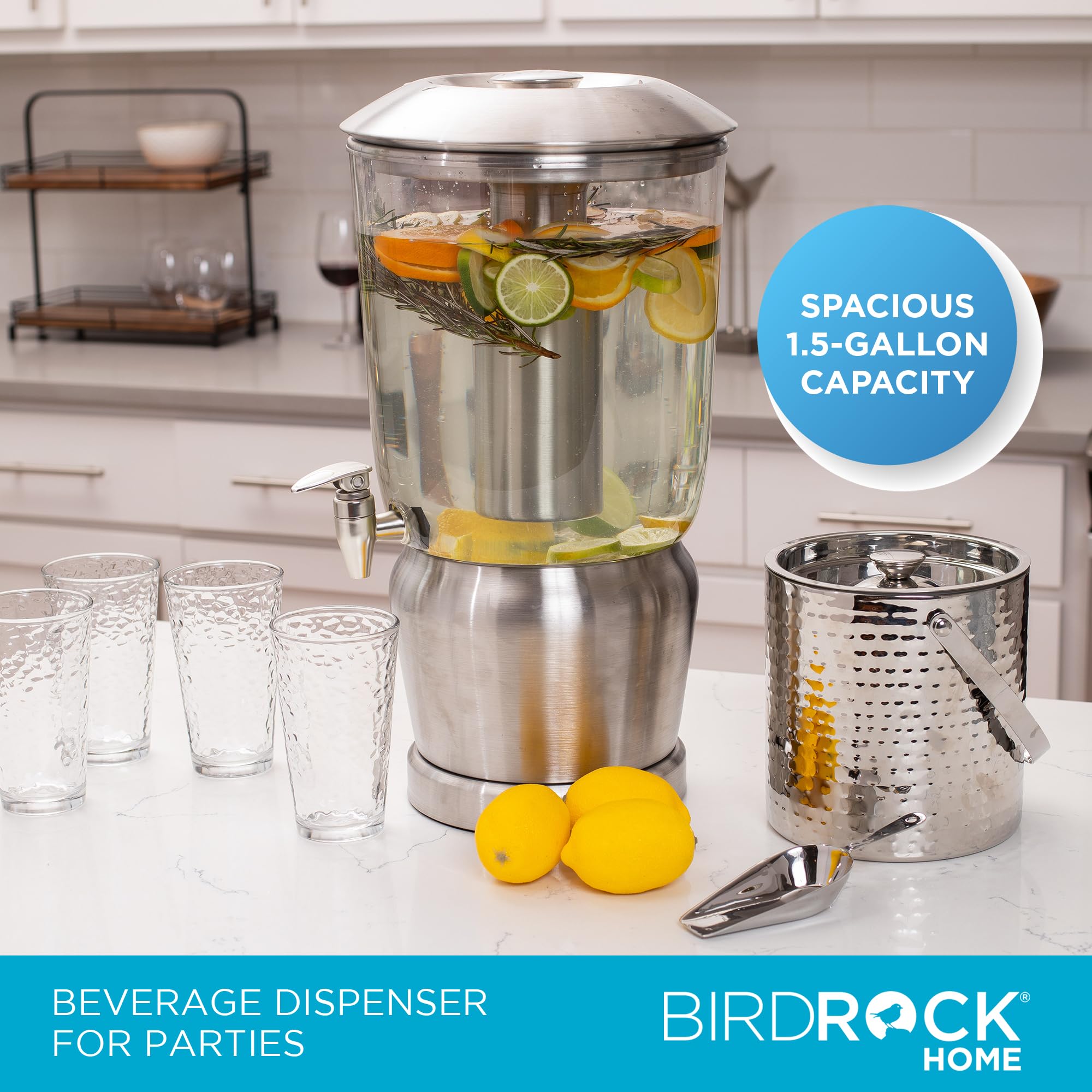 BirdRock Home 1.5 Gallon Stainless Steel Beverage Dispenser with Ice Core, Stand & Spigot - Round BPA-Free Clear Acrylic Drink Dispenser for Parties, BBQs, and Outdoor Events