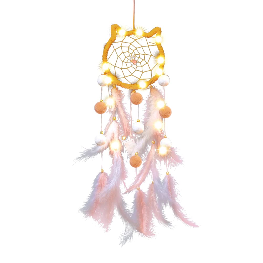 LED Light Up Feather Dream Catcher - Cat Shaped Night Light with Fairy String Lights for Bedroom Decor, Boho Wall Hanging for Girls, Boys, Kids & Adults | Perfect for Nursery, Dorm Room, Meditation Space & Gift Giving