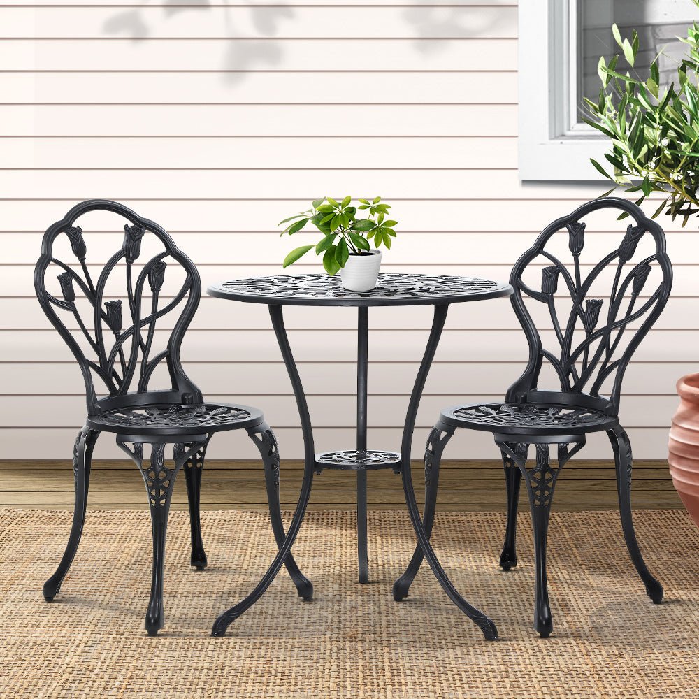 3-Piece Outdoor Bistro Set - Cast Aluminum Patio Table & Chairs in Tulip Black - Perfect for Garden, Balcony, and Small Space Dining