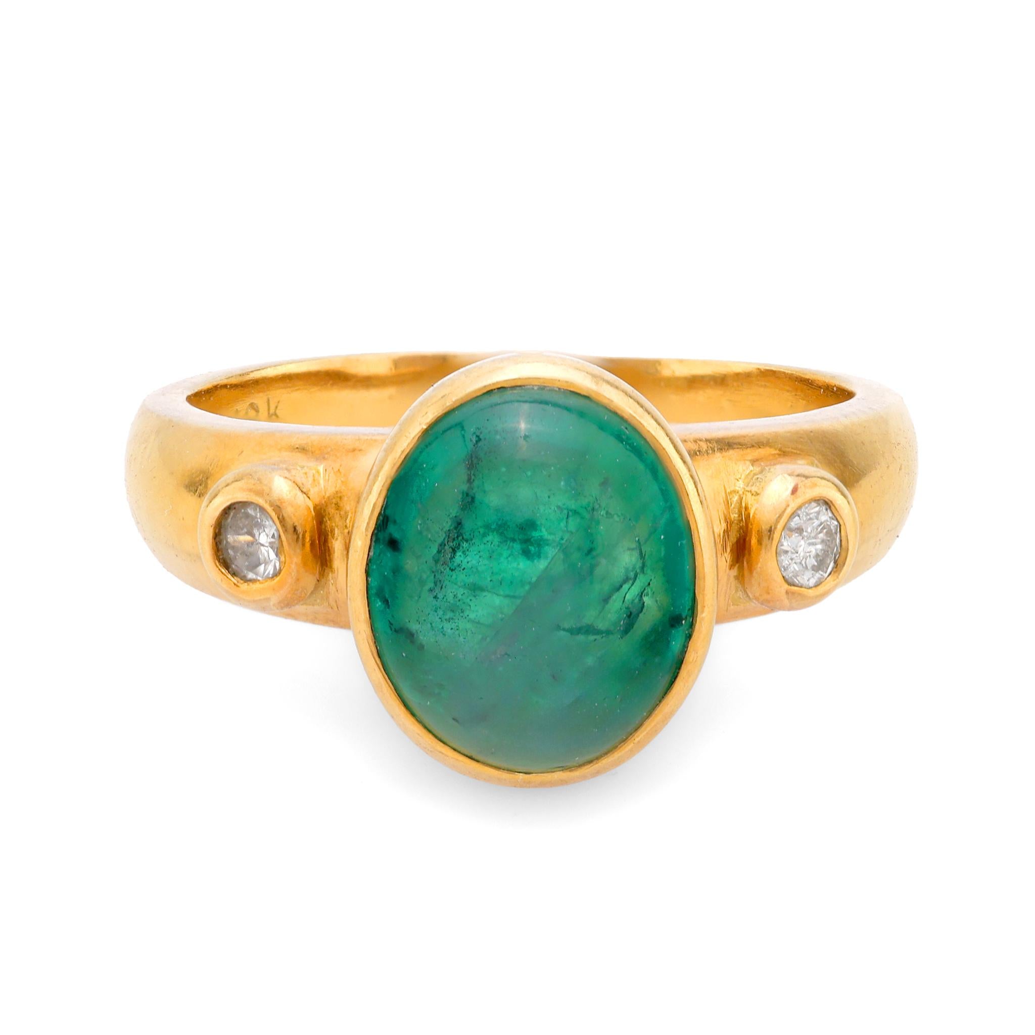 Vintage 3.20 Carat Cabochon Emerald Diamond 18K Yellow Gold Ring for Women - Elegant Engagement, Wedding, Anniversary Gift Idea