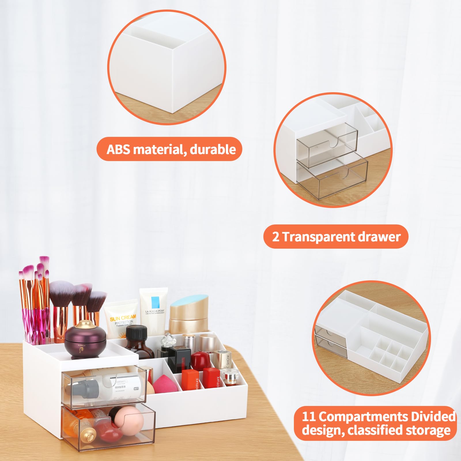 LETURE Desk & Vanity Organizer Box - White Cosmetic Makeup Storage for Eyeshadows, Skincare, Concealers, Powders & Nail Polish | Perfect for Bathroom Counter, Dressing Table & Office Desk Organization