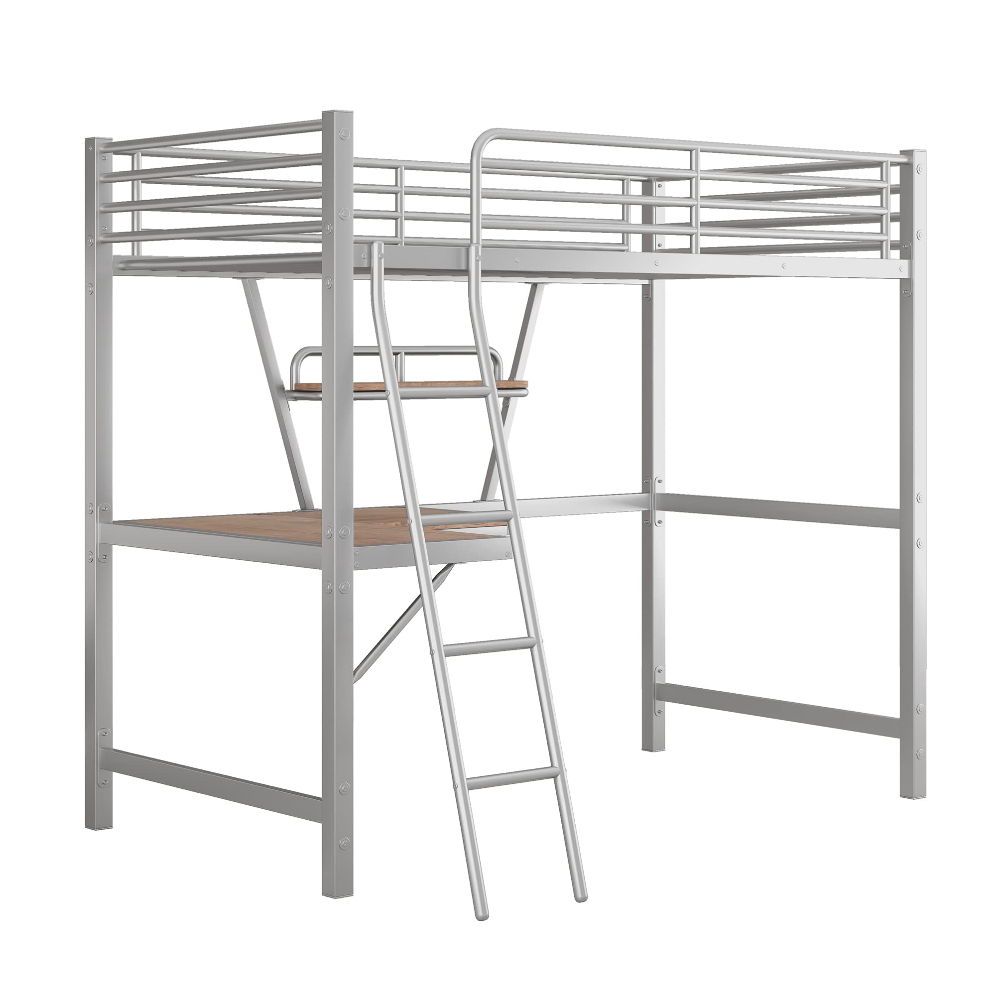 **Heavy Duty Twin Metal Loft Bed with Desk, Shelves & 2 Ladders – High Safety Guard Rails for Kids, Teens & Adults – Modern Silver Loft Bed for Small Spaces, Dorm Rooms & Apartments**