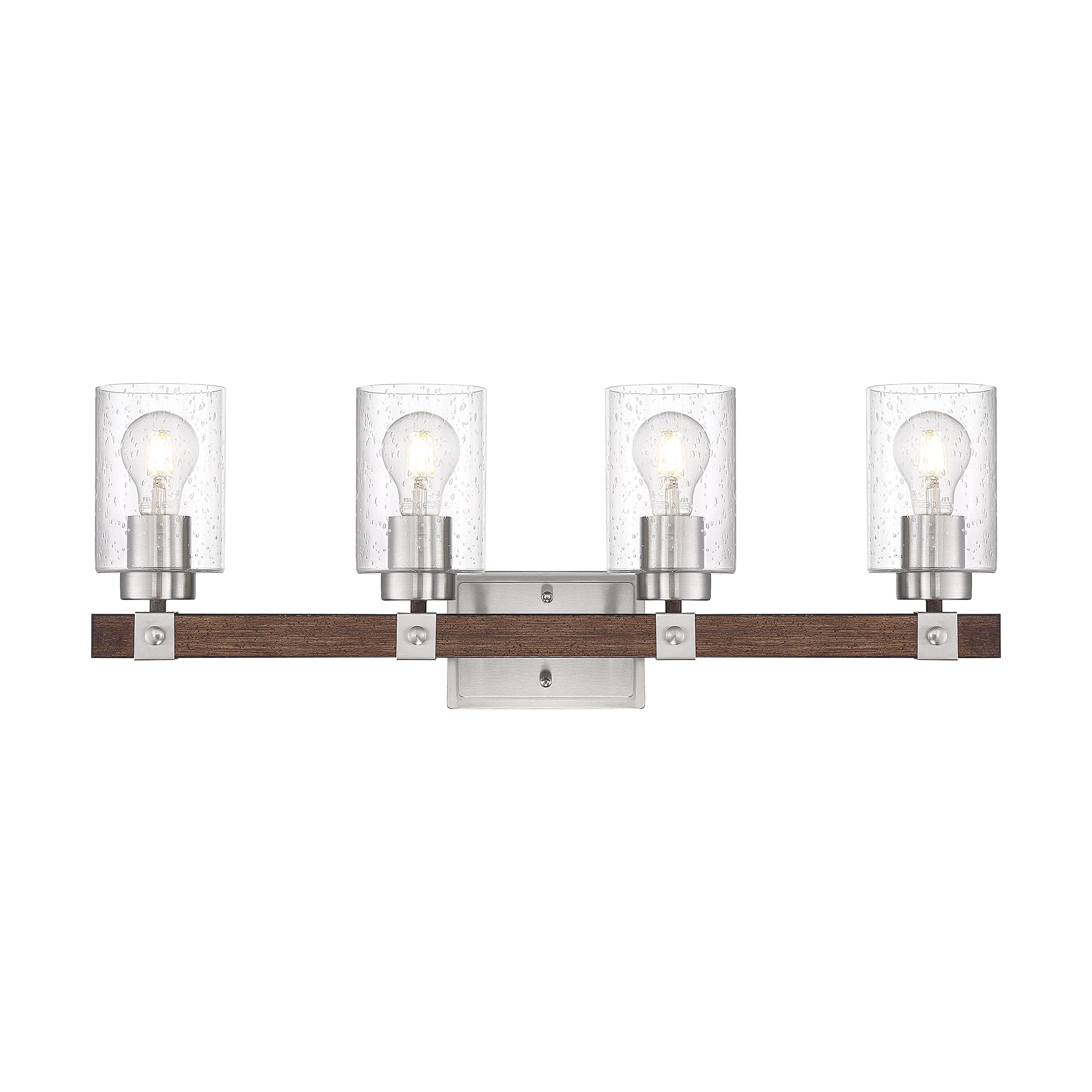 Nuvo 60/6964 Arabel Vanity Light Fixture - Brushed Nickel & Nutmeg Wood Finish with Clear Seeded Glass - 4-Light Bathroom Sconce for Modern Home Decor (Perfect for Bedroom, Bathroom, and Dressing Room Lighting)