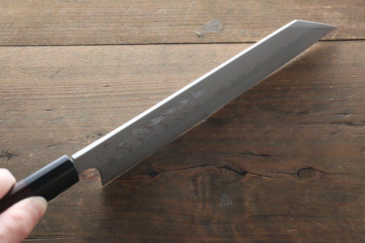 Premium Hideo Kitaoka White Steel No.2 Damascus Kiritsuke Yanagiba Knife 210mm with Ebony Handle - Perfect for Sushi Chefs & Japanese Cuisine Preparation