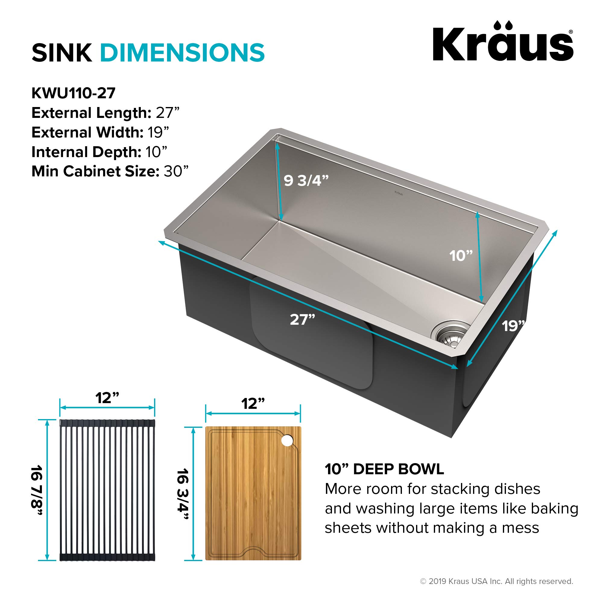 KRAUS Kore™ 27-inch Undermount 16 Gauge Stainless Steel Single Bowl Kitchen Sink with Accessories (5-Piece Set) & WasteGuard™ Garbage Disposal - Perfect for Modern Kitchens, Dishwashing, and Food Prep