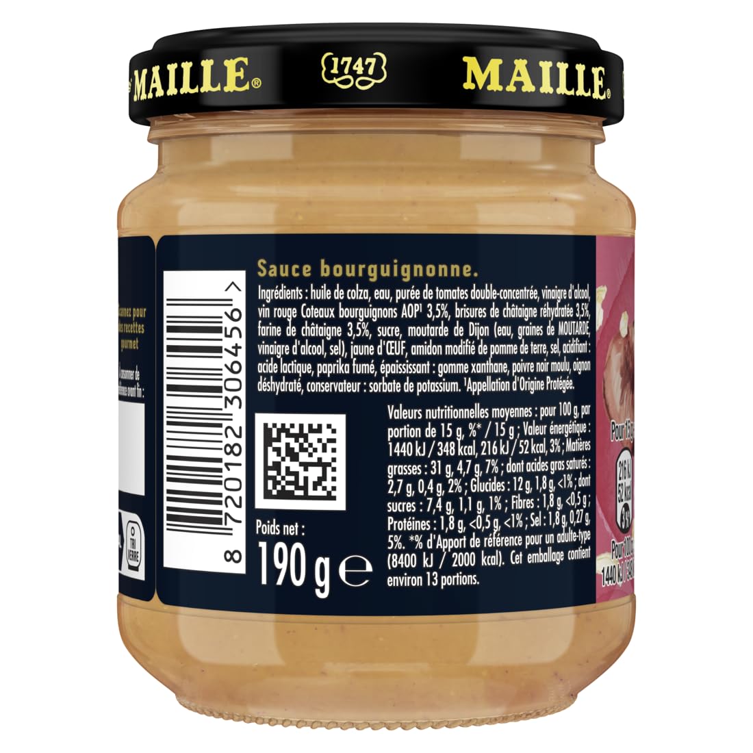Maille Sauce Bourguignonne 190g - Classic French Red Wine Sauce for Steak, Beef, and Gourmet Cooking | Perfect for Grilling, Roasting, and Fine Dining