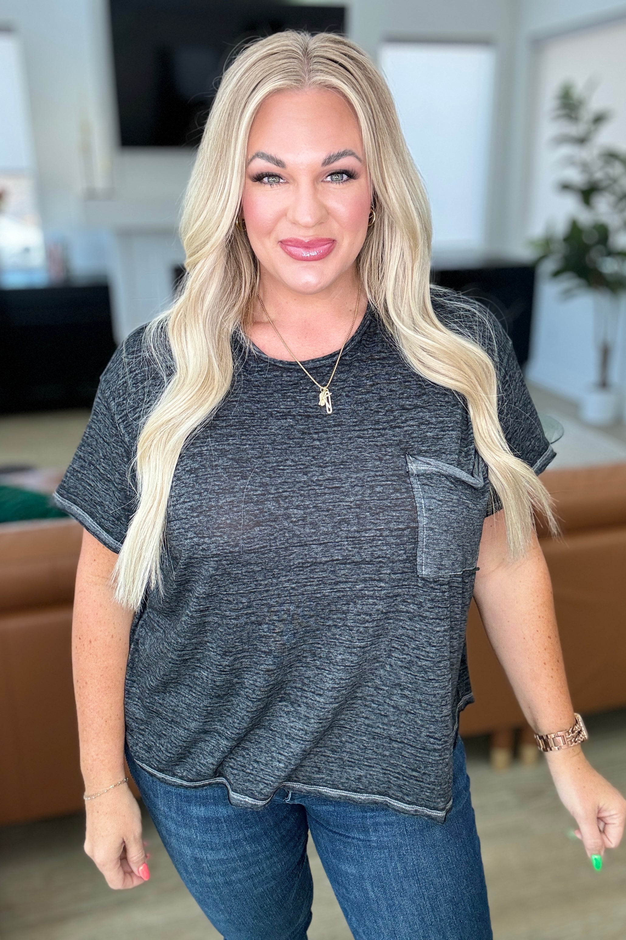 Close to Myself Patch Pocket Tee in Ash Black - Stylish Casual T-Shirt for Women | Perfect for Everyday Wear, Outings & Layering