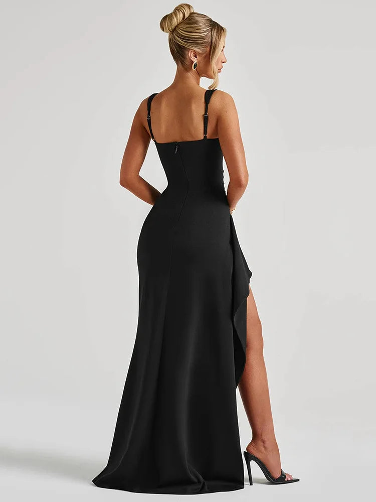 Sexy Black Backless Maxi Dress for Women - Spaghetti Strap Sleeveless Evening Gown with Thigh High Split | Perfect for Club Nights, Parties & Special Occasions