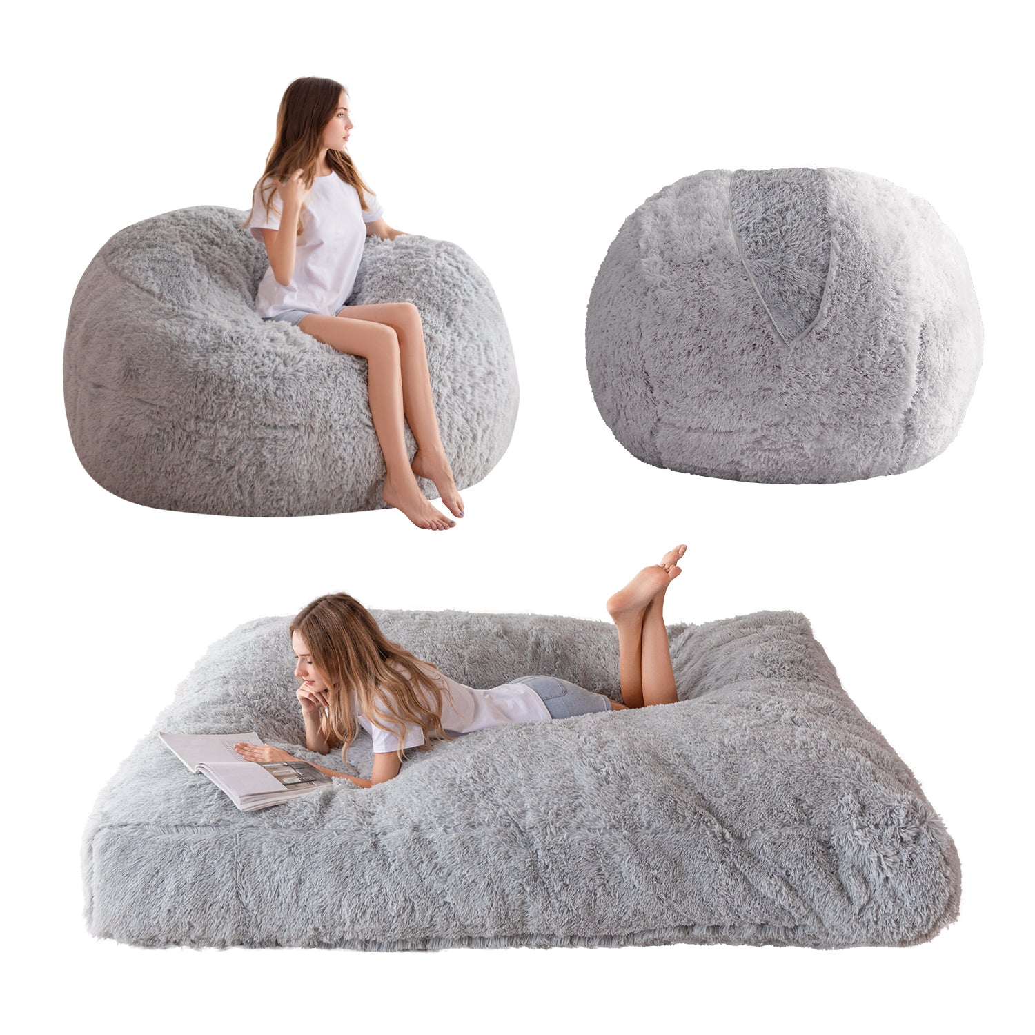 MAXYOYO Giant Bean Bag Bed - Extra Large Faux Fur Convertible Bean Bag Chair to Bed for Adults, Grey | Perfect for Living Room Lounging, Bedroom Relaxation & Guest Sleeping
