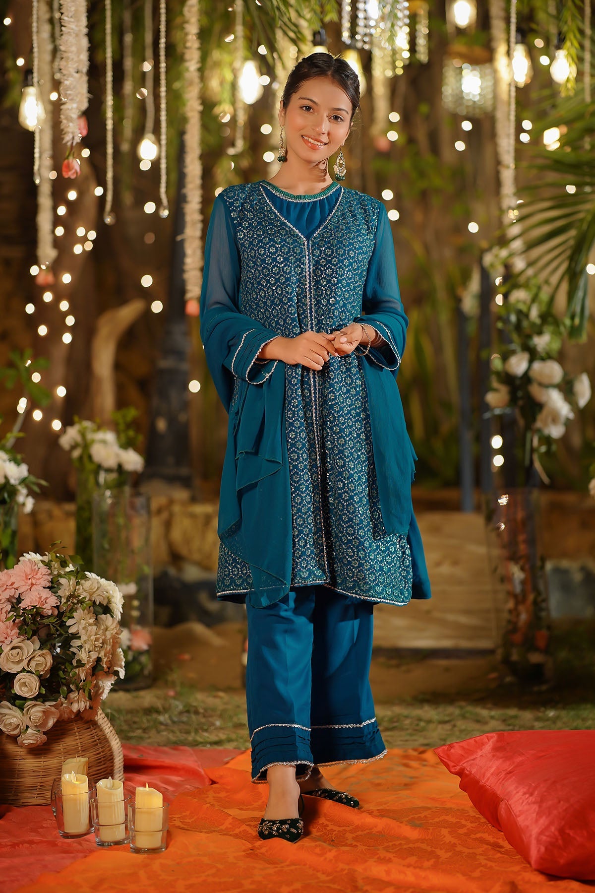 Elegant Chiffon Embroidered Green Stitched Suit in Ochre - Perfect for Weddings, Parties & Special Occasions