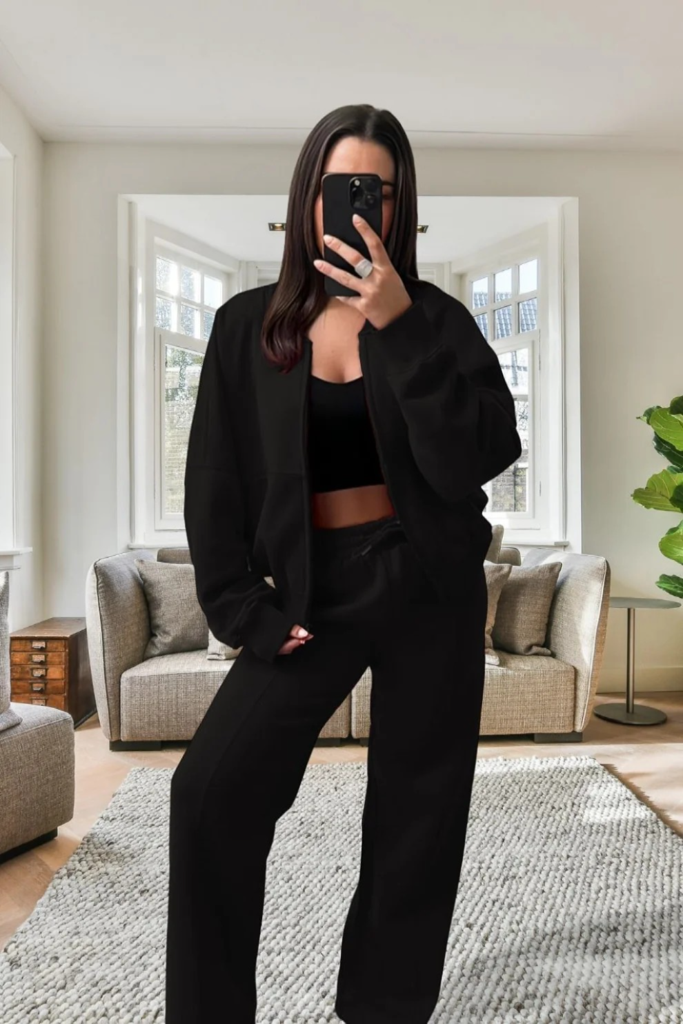 New Style Oversized Fleece Bomber Jacket with Zipper & Wide Leg Tracksuit Set - Cozy Winter Outfit for Streetwear, Casual Wear & Loungewear