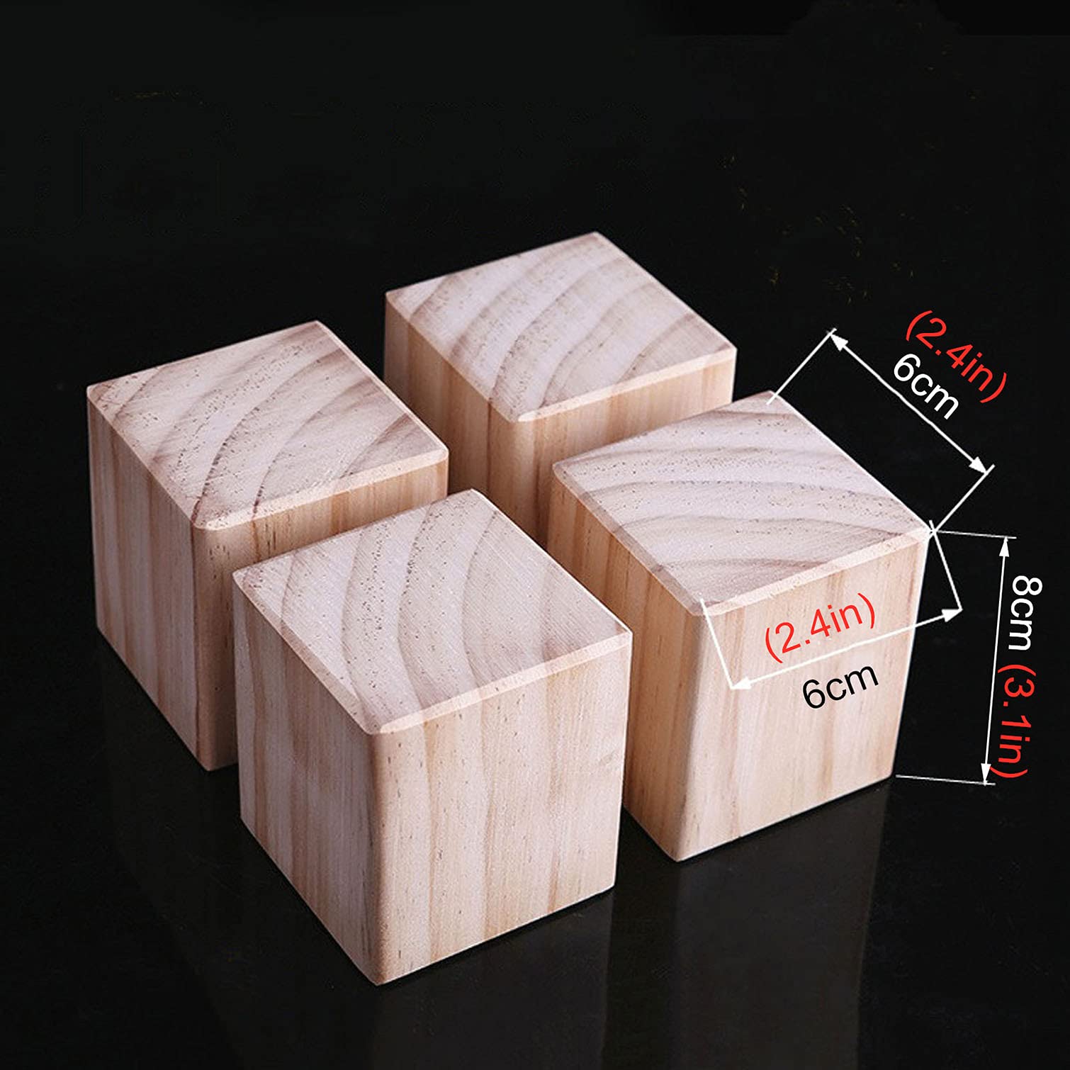 4 Pack Solid Wood Furniture Risers - Heavy Duty Pine Bed & Sofa Lifters, 6x6x8cm, Supports 500kg - Natural Wooden Leg Extenders for Beds, Tables, Cabinets - Perfect for Home Office, Dorm Room & Living Room Furniture Height Adjustment
