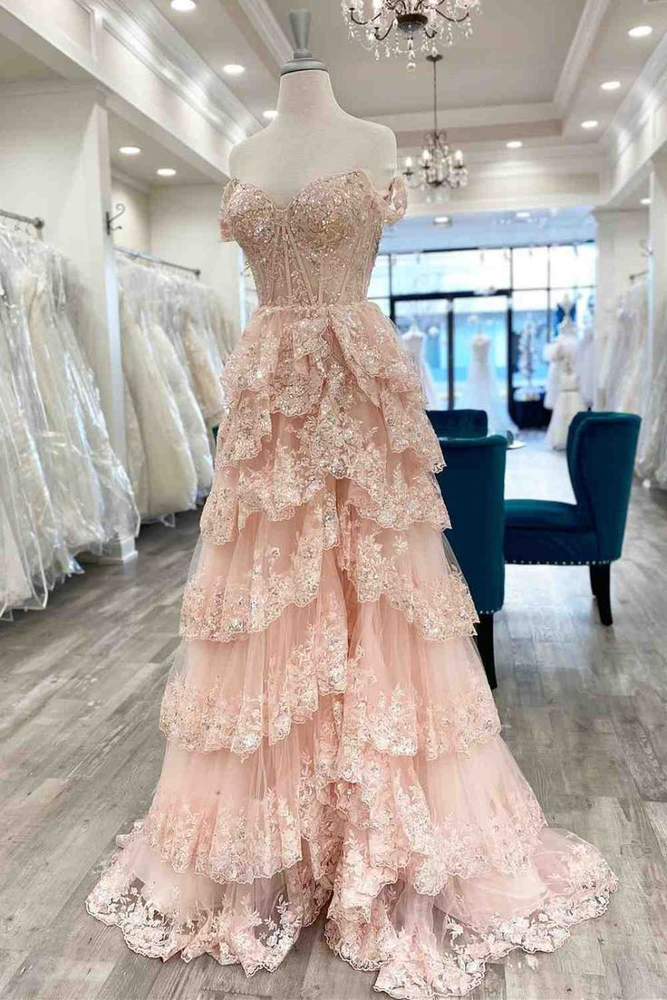 Elegant A-Line Off-The-Shoulder Lace Long Prom Dress in Pink - Formal Evening Gown for Homecoming, Wedding & Special Occasions - Style J5067