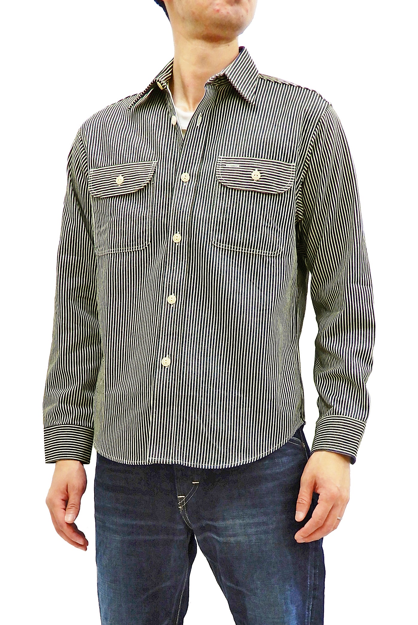 Men's Hickory Stripe Work Shirt - Long Sleeve Casual Button Up Shirt in Black (SC27853) | Durable Cotton for Outdoor Work & Country Style Fashion
