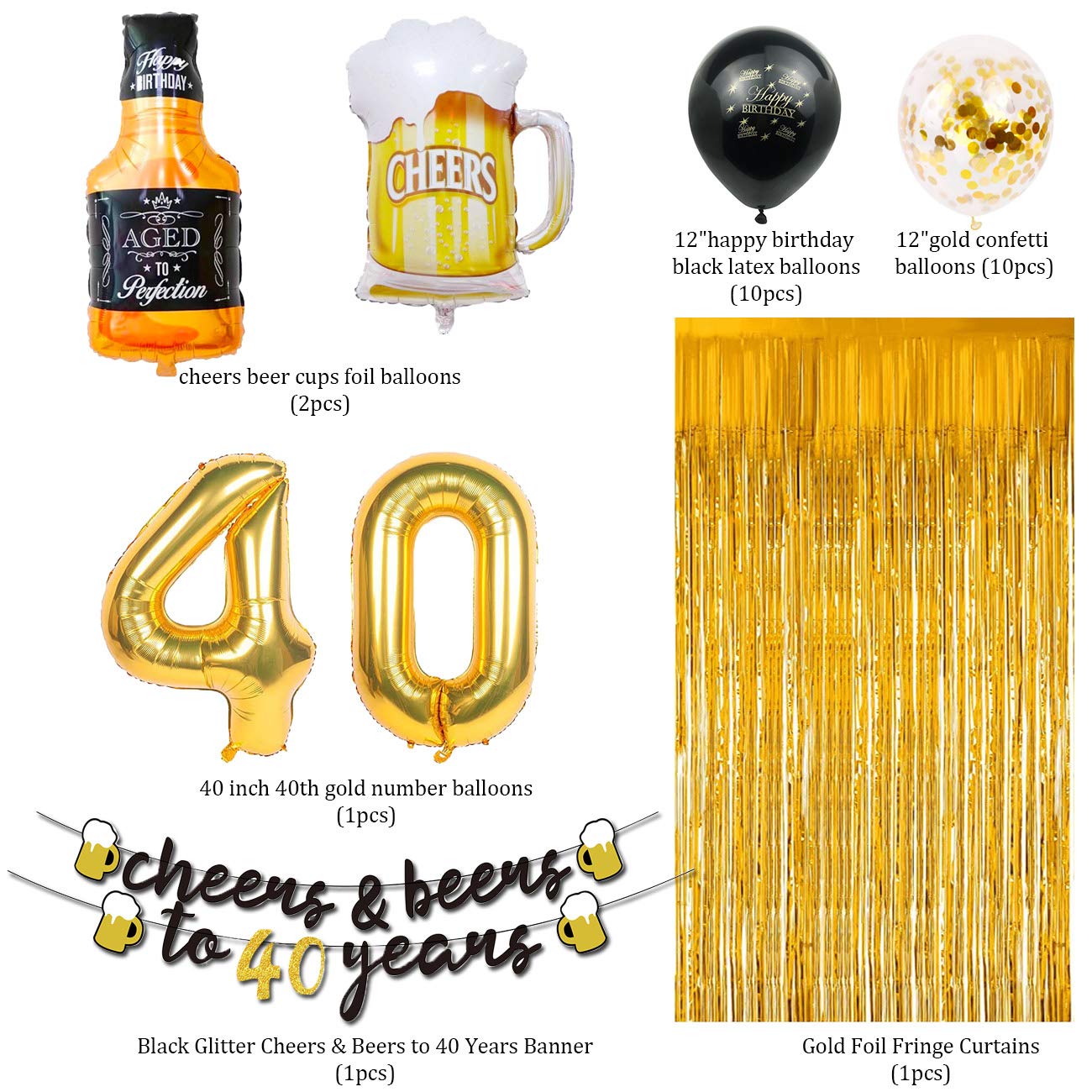 Black & Gold 40th Birthday Party Decorations for Men - Cheers to 40 Years Banner, Beer Mug Balloons, Confetti & Fringe Backdrop - Perfect for 40th Anniversary Celebrations, Beer Themed Parties & Milestone Birthday Decor