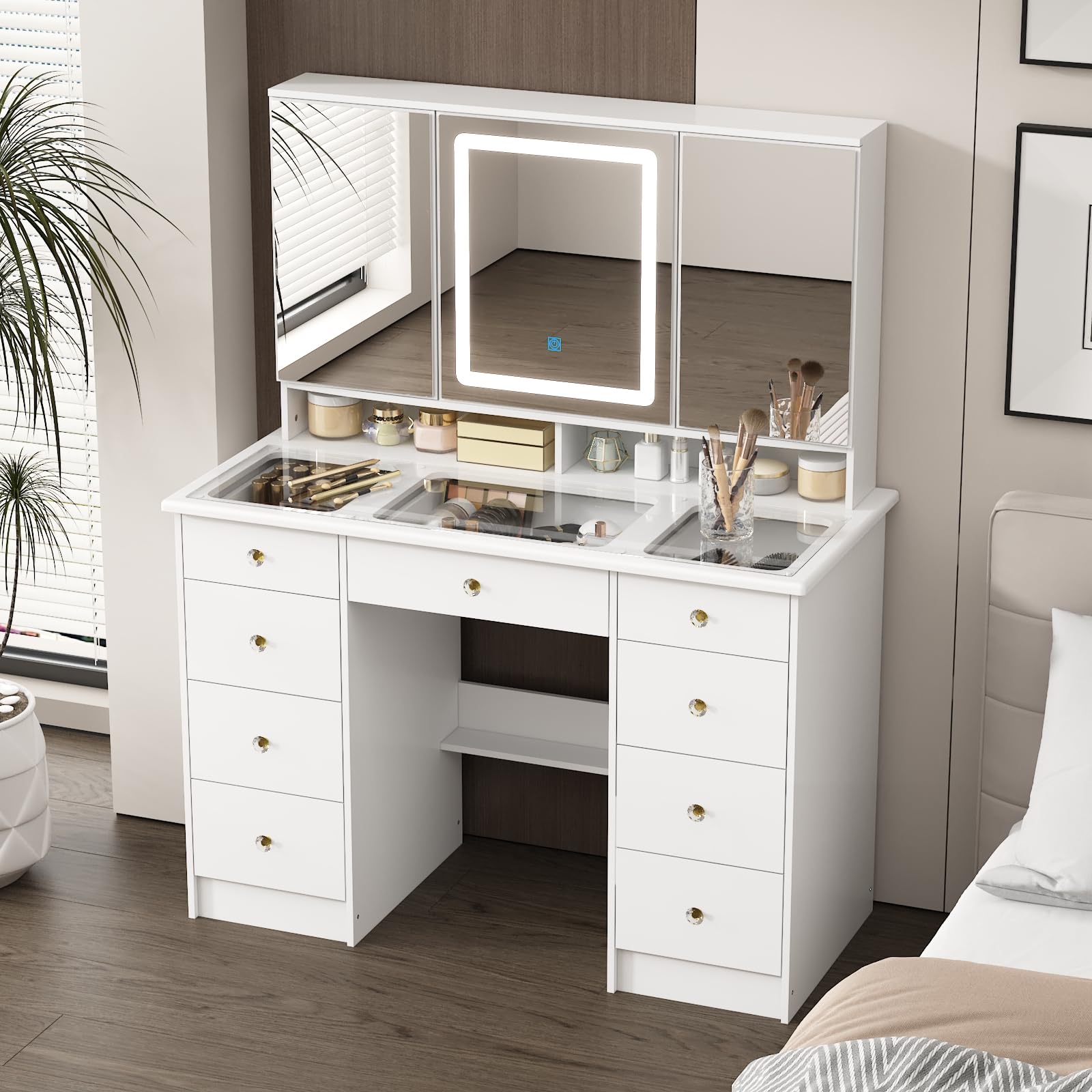 FUFU&GAGA White Modern Vanity Desk with Mirror & LED Lights, 9 Drawers & Hidden Shelves, Large Glass Top Makeup Dressing Table for Bedroom (43.3”W x 19.7”D x 53.6”H) - Perfect for Makeup Organization, Home Salon Setup & Glam Room Decor