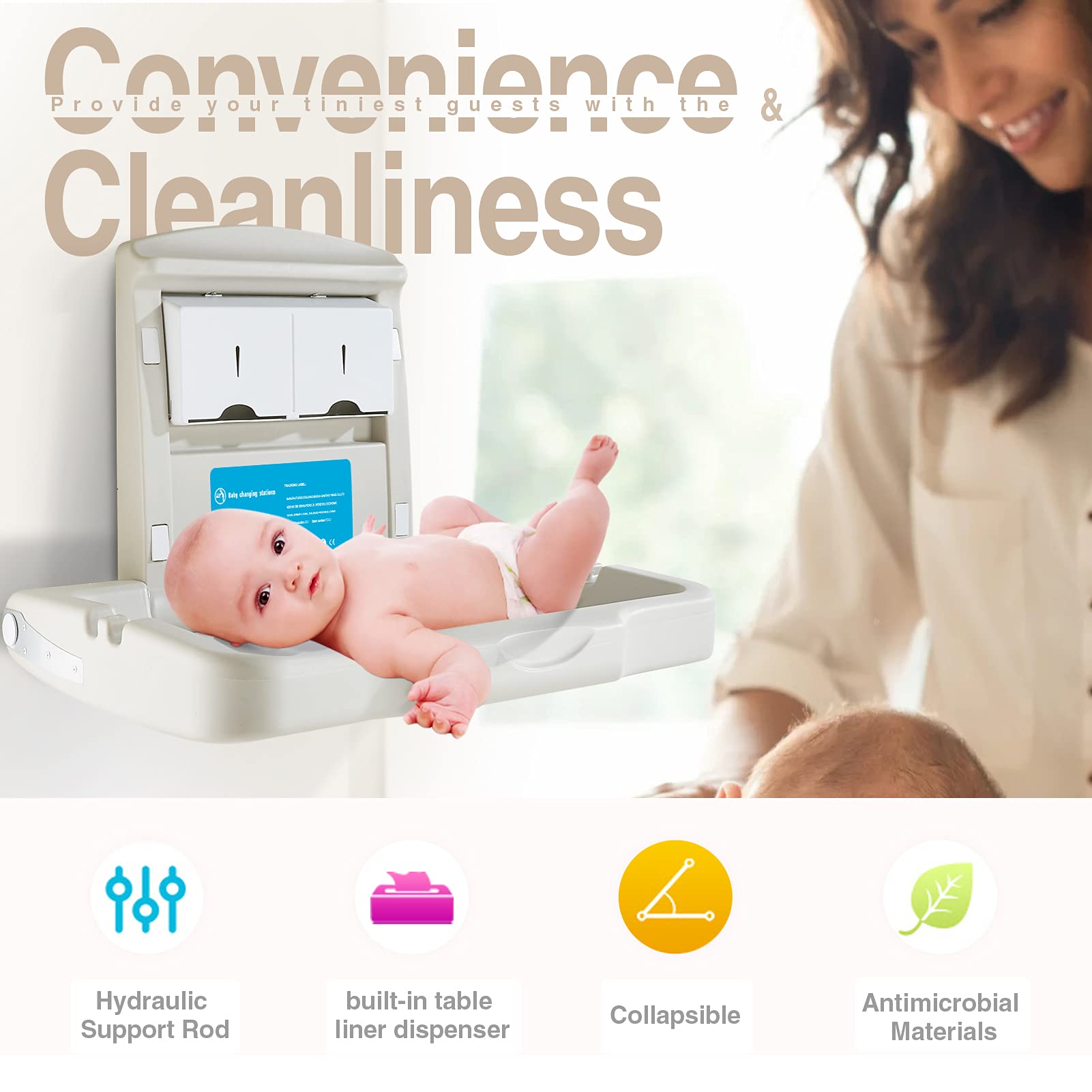 Wall Mounted Baby Changing Station with Safety Strap - Commercial Diaper Changing Table for Public Restrooms & Daycares - ADA Compliant Horizontal Changing Unit with Sign - Perfect for Shopping Malls, Airports & Family Restrooms
