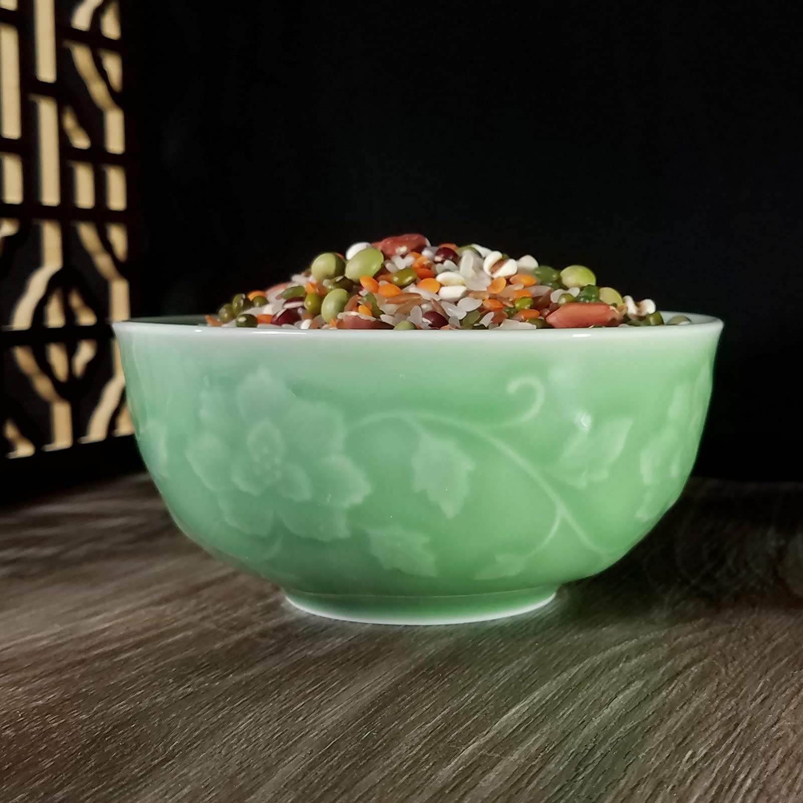 13-Ounce Chinese Peony Engraved Porcelain Rice Bowl - 5-Inch Microwave & Dishwasher Safe Dinnerware (Green) - Perfect for Asian Cuisine, Home Dining & Gift Giving