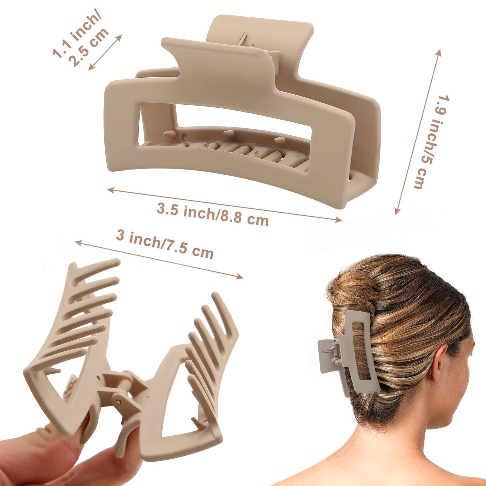 6 Pack Square Hair Claws for Women & Girls - 3.5 Inch Medium Non-Slip Rectangular Matte Hair Clips with Strong Hold - Jumbo Hair Styling Accessories (Brown) - Perfect for Ponytails, Buns & Everyday Hairstyles