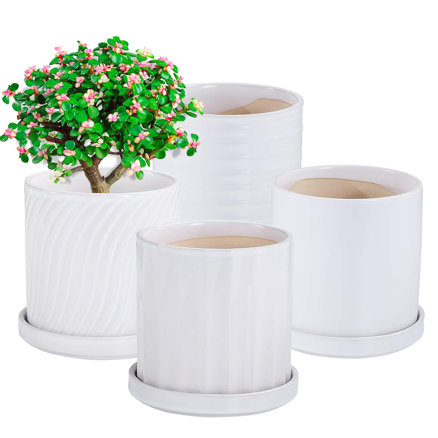 4 Pack 4.1 Inch White Ceramic Cylinder Planters with Saucers - Modern Decorative Flower Pots for Succulents, Snake Plants, Herbs & Small Indoor Plants - Perfect for Home, Office & Garden Decor