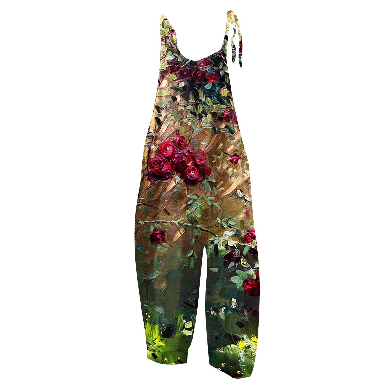 Women's Floral Cotton Jumpsuit - Sleeveless Spaghetti Strap Romper with Tie Detail for Casual Outings, Summer Dresses & Beach Wear