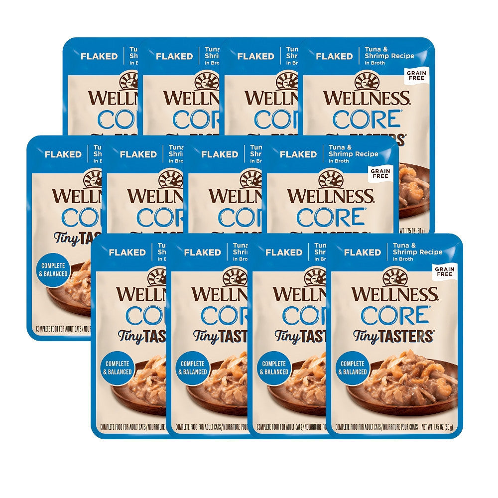 12-Pack Wellness CORE Tiny Tasters Wet Cat Food Variety Pack - Chicken, Turkey, Duck, Tuna & Shrimp, Beef - 1.75oz (50g) Each - Perfect for Kittens, Adult Cats & Picky Eaters at Home or Travel
