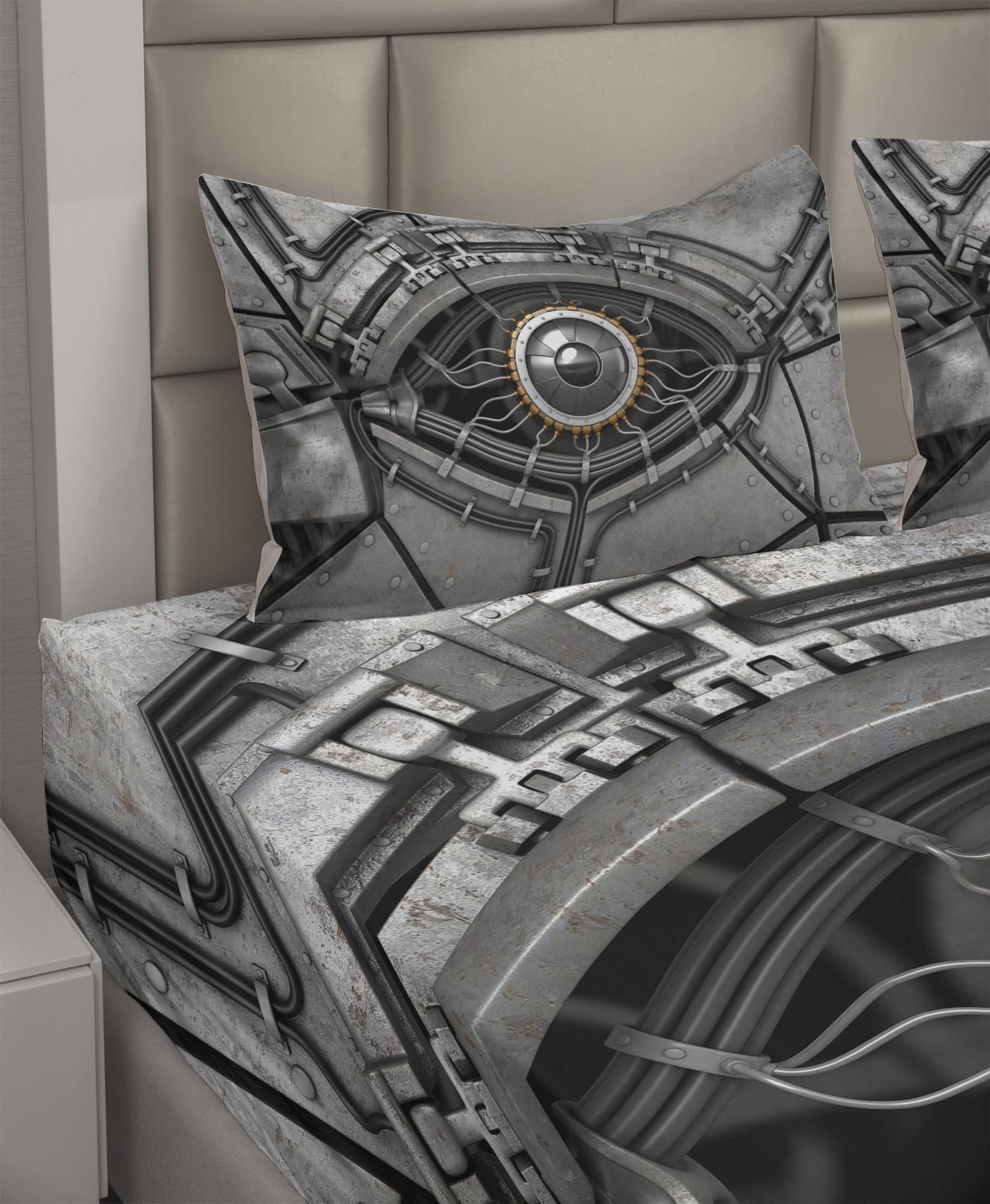Ambesonne Futuristic Robot Eye with Wires 4-Piece King Size Sheet Set - Cyborg Mechanical Industrial Design Fitted & Flat Sheets with Pillowcases - Charcoal Grey Bedding for Sci-Fi Lovers & Tech-Themed Rooms