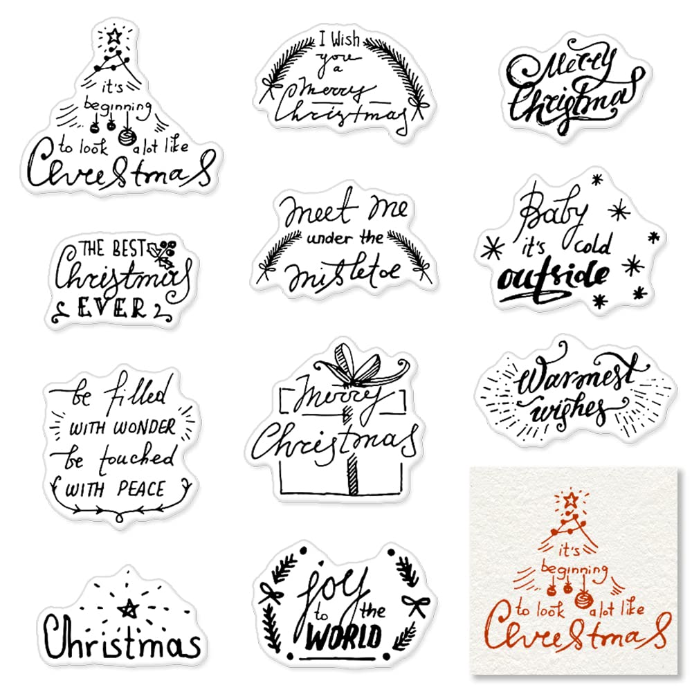 11 PCS Christmas Greeting Clear Stamps Set - Holiday Card Making, Scrapbooking & Photo Album Decorations - Snowflake Tree Rubber Stamps for DIY Christmas Crafts - Perfect for Gift Wrapping, Journals & Party Invitations
