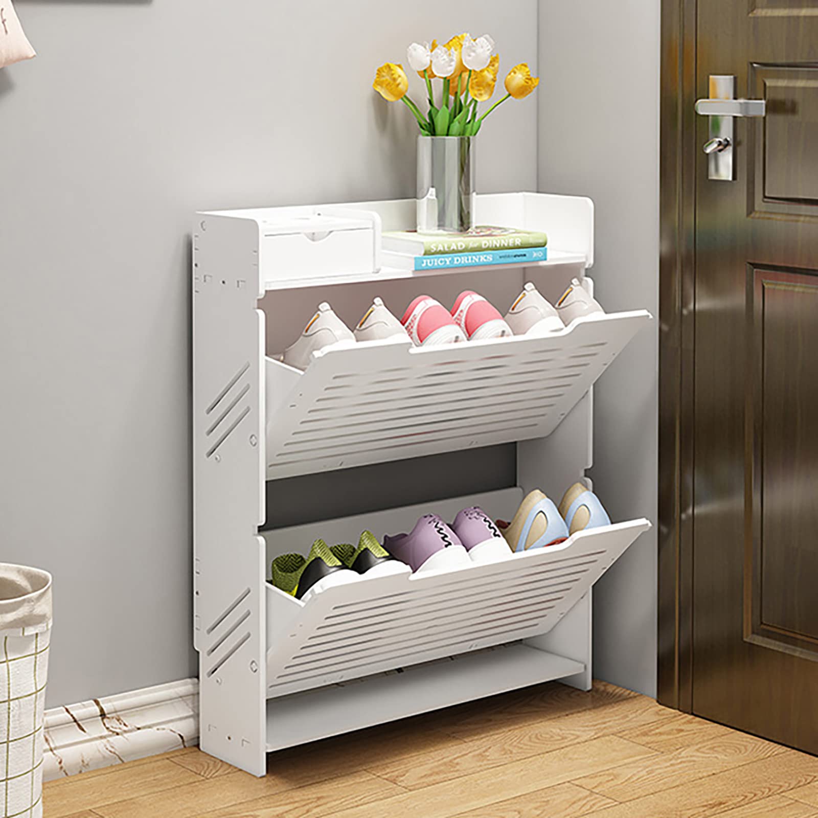 2-Tier White Shoe Storage Cabinet - Modern Freestanding Shoe Rack Organizer for Shoes, Boots & Slippers - Space Saving Shoe Shelf for Entryway, Closet & Bedroom Organization
