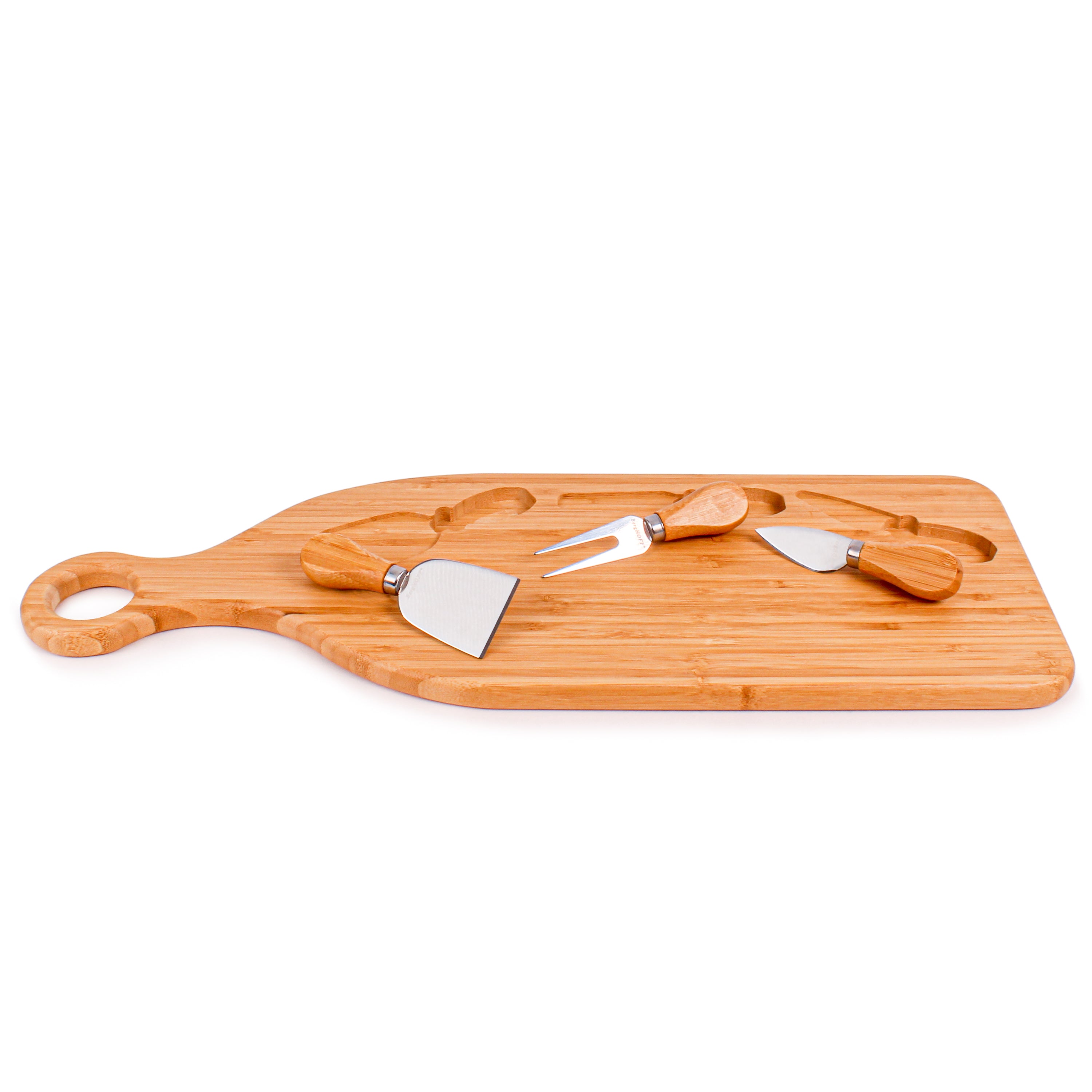 BergHOFF 4-Piece Stainless Steel Cheese Knife Set with Bamboo Paddle Board - Perfect for Charcuterie, Cheese Platters & Entertaining (22x7.9x1 Inch)