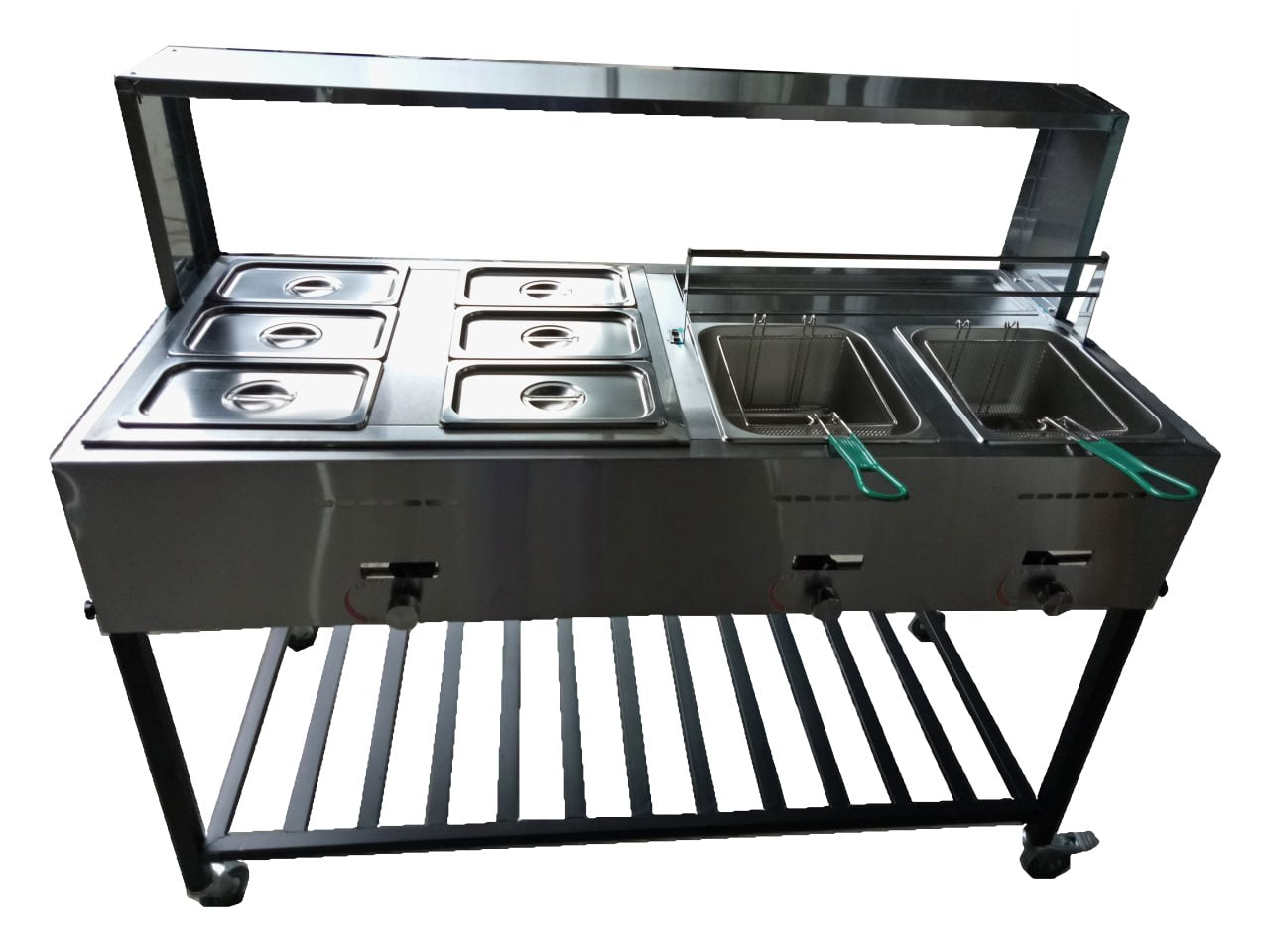 3-Burner Double Fryer with 6 Chafers - Commercial Catering Equipment for Restaurants, Food Trucks & Events - Perfect for Large-Scale Cooking & Buffet Service