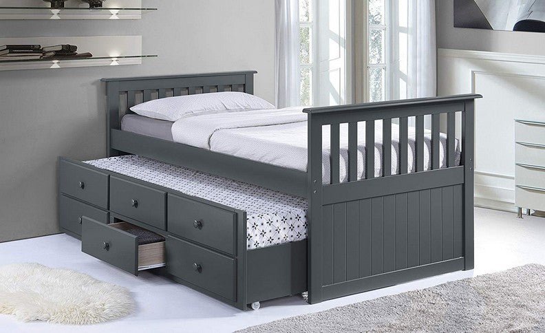 Solid Grey Wood Captain Bed with Trundle & 3 Pullout Drawers - Queen Size Storage Bed Frame for Guest Room, Kids Bedroom & Small Spaces