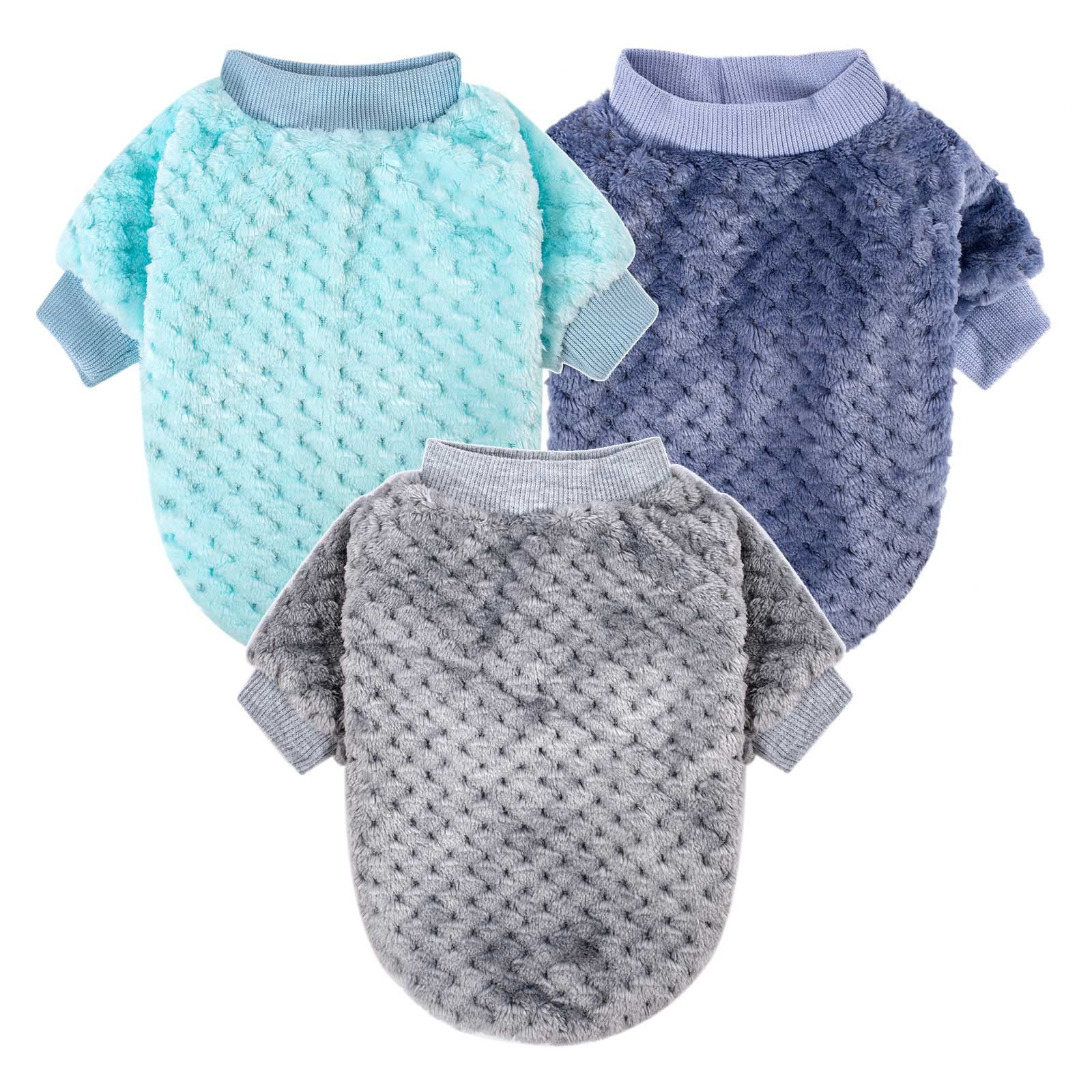 MOIRIG 3-Pack Warm & Soft Dog Sweaters for Small to Medium Dogs - Cozy Winter Pet Clothes for Puppies, Cats, Boys & Girls (Blue, Dark Blue, Grey) - Perfect for Christmas Gifts, Indoor Comfort & Outdoor Walks