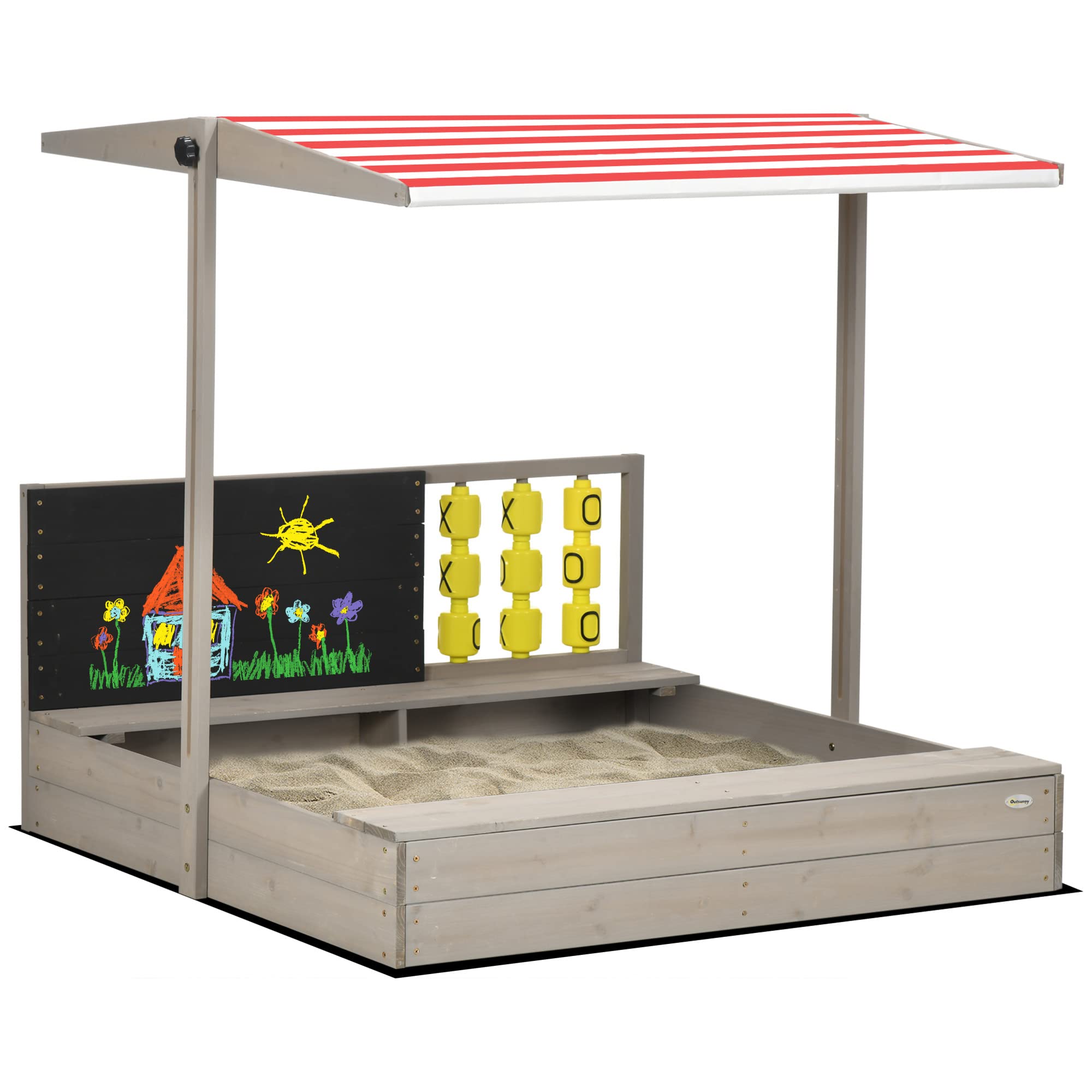 Outsunny Wooden Sandbox for Kids Ages 3-7 Years - Adjustable Non-Woven Fabric Roof, 2-Seat Bench, Chalkboard & Play Toys - 114x113x110cm Gray Sand Pit for Backyard, Garden & Outdoor Play Areas