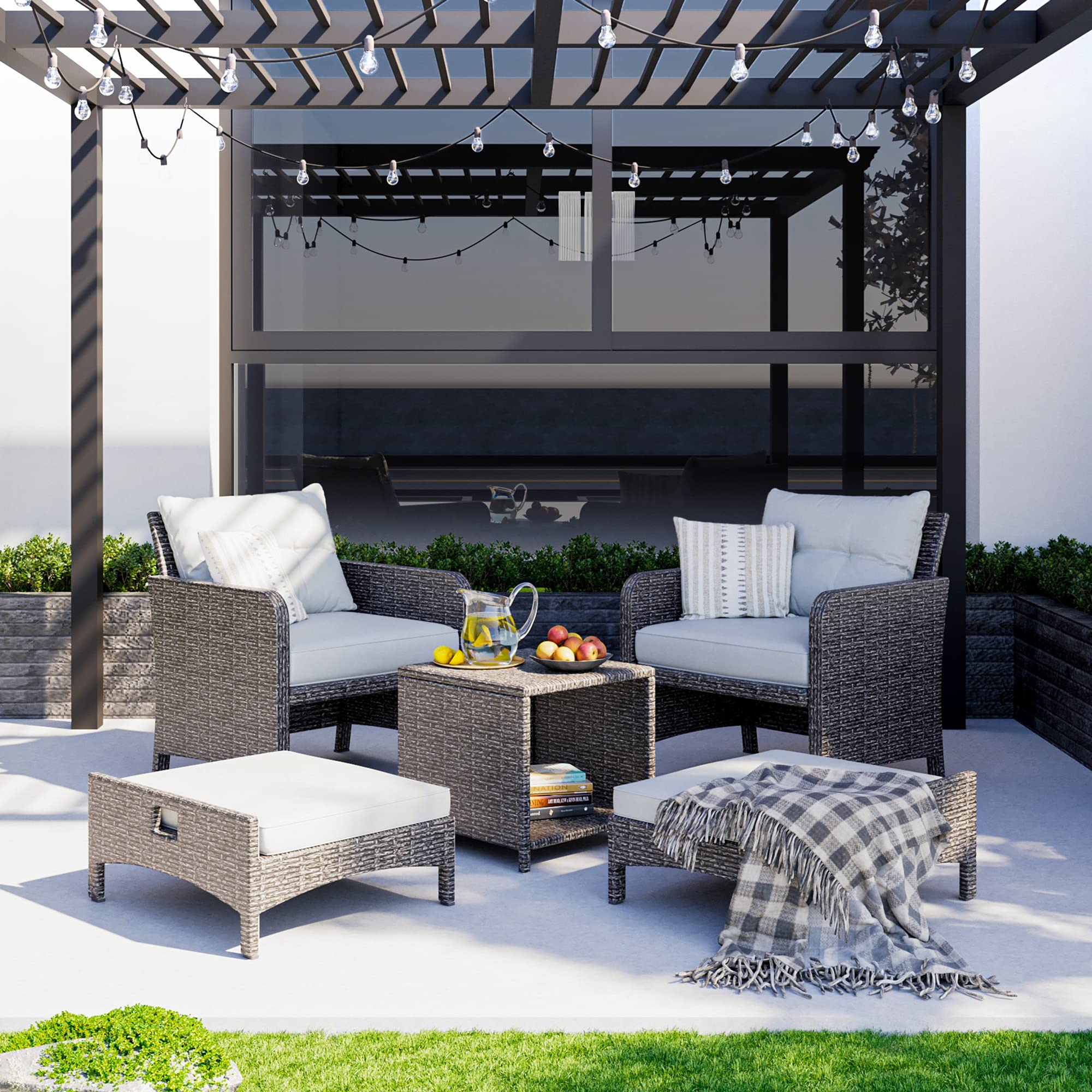 Pamapic 5-Piece Wicker Patio Furniture Set with Grey Cushions & Rattan - Outdoor Conversation Set Includes Chairs, Ottomans & Coffee Table for Garden, Balcony, Porch or Backyard Relaxation