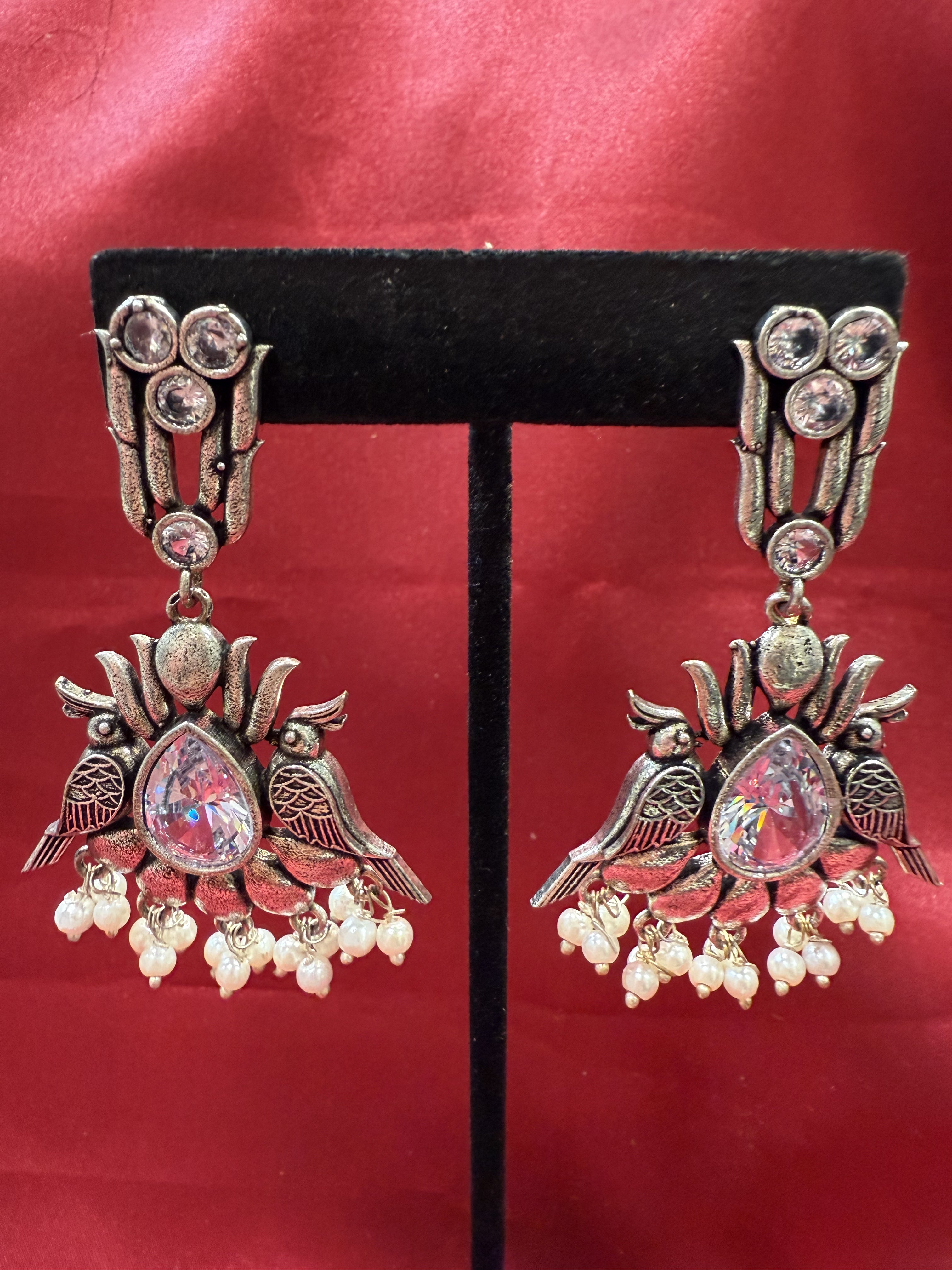 Elegant Silver Stone Beaded Oxidized Bird Design Earrings for Women - Perfect for Parties, Weddings & Everyday Wear