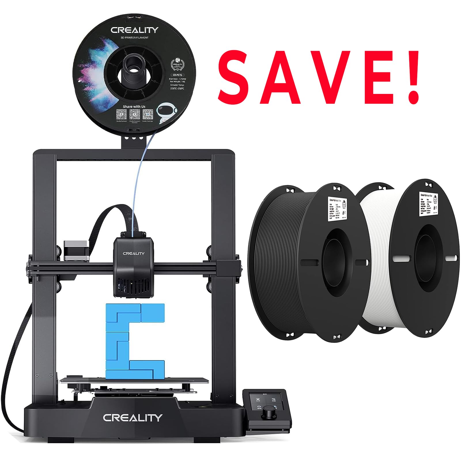 Creality Ender 3 V3 SE 3D Printer with 2kg Filament Bundle (Black & White) - Fast Printing for Home DIY, Prototyping & Hobby Projects