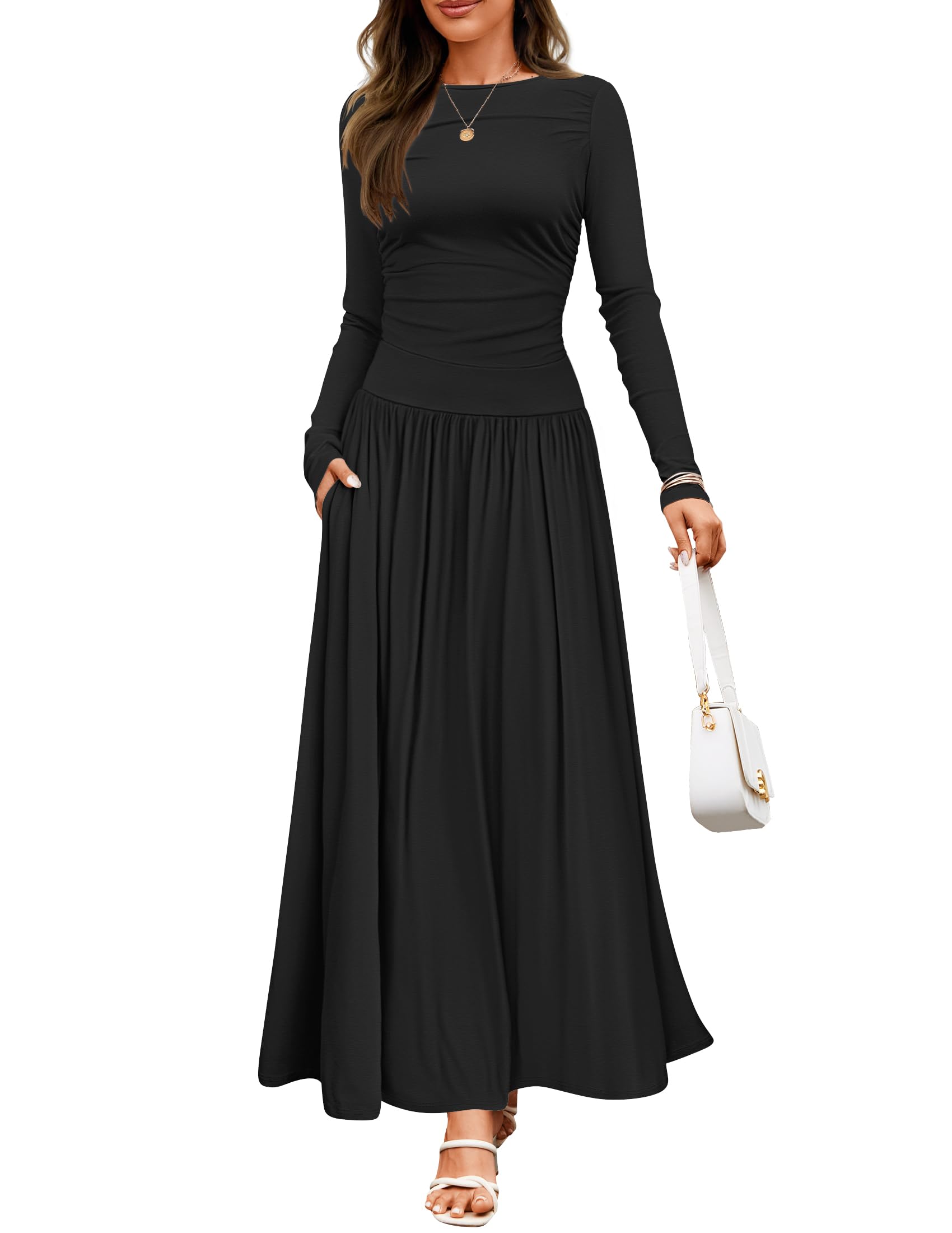 ZESICA Women's Long Sleeve Maxi Dress 2025 - Crewneck Knit Casual Swing Dress with Pockets | Spring Summer Slim Pleated Midi Dress for Beach, Party & Office Wear