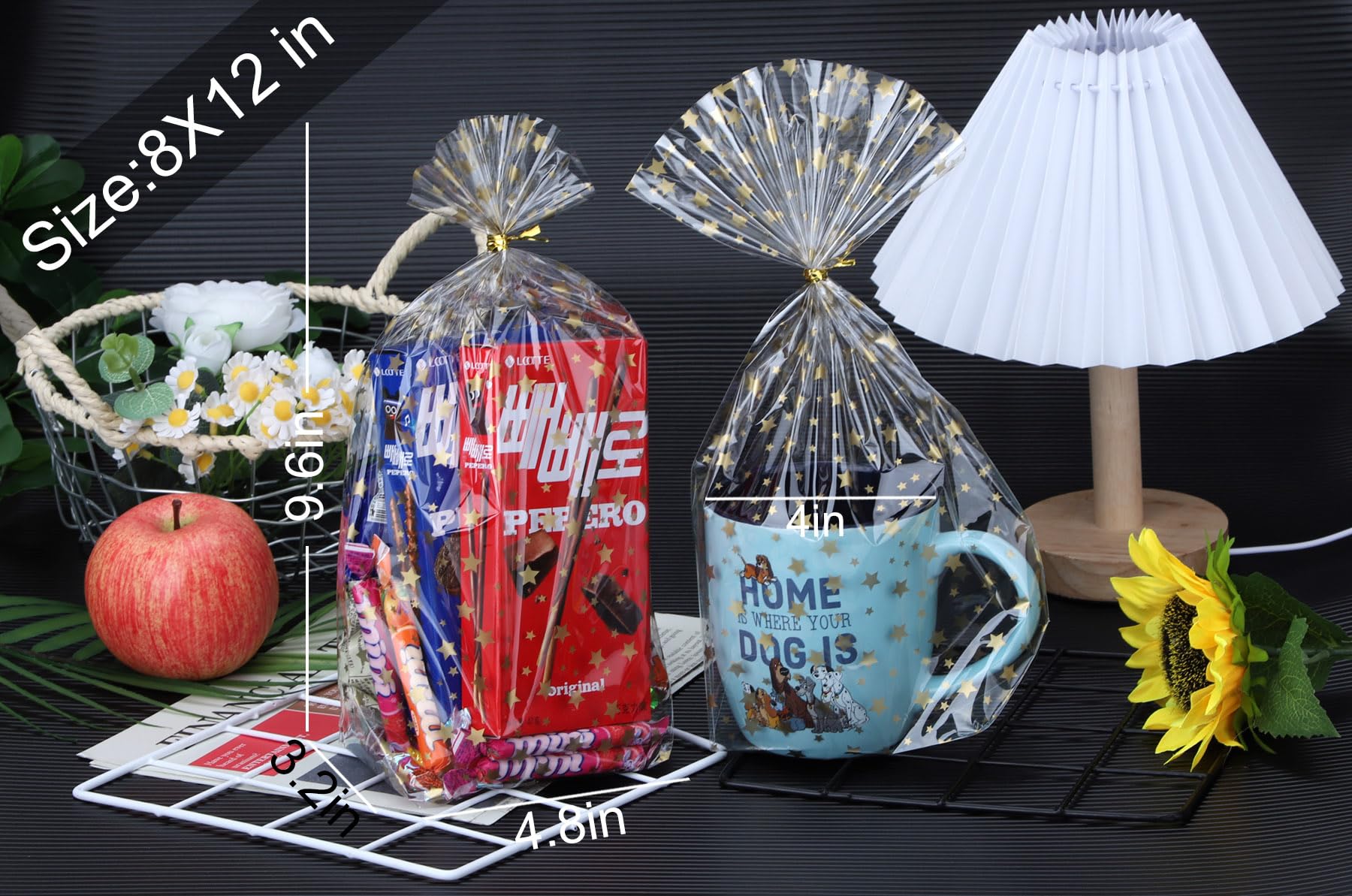 50Pcs 8x12 Inch Clear Cellophane Gift Bags with Gold Star Print & Twist Ties - Bulk Party Favor Bags for Cookies, Candies, Treats & Wedding Favors
